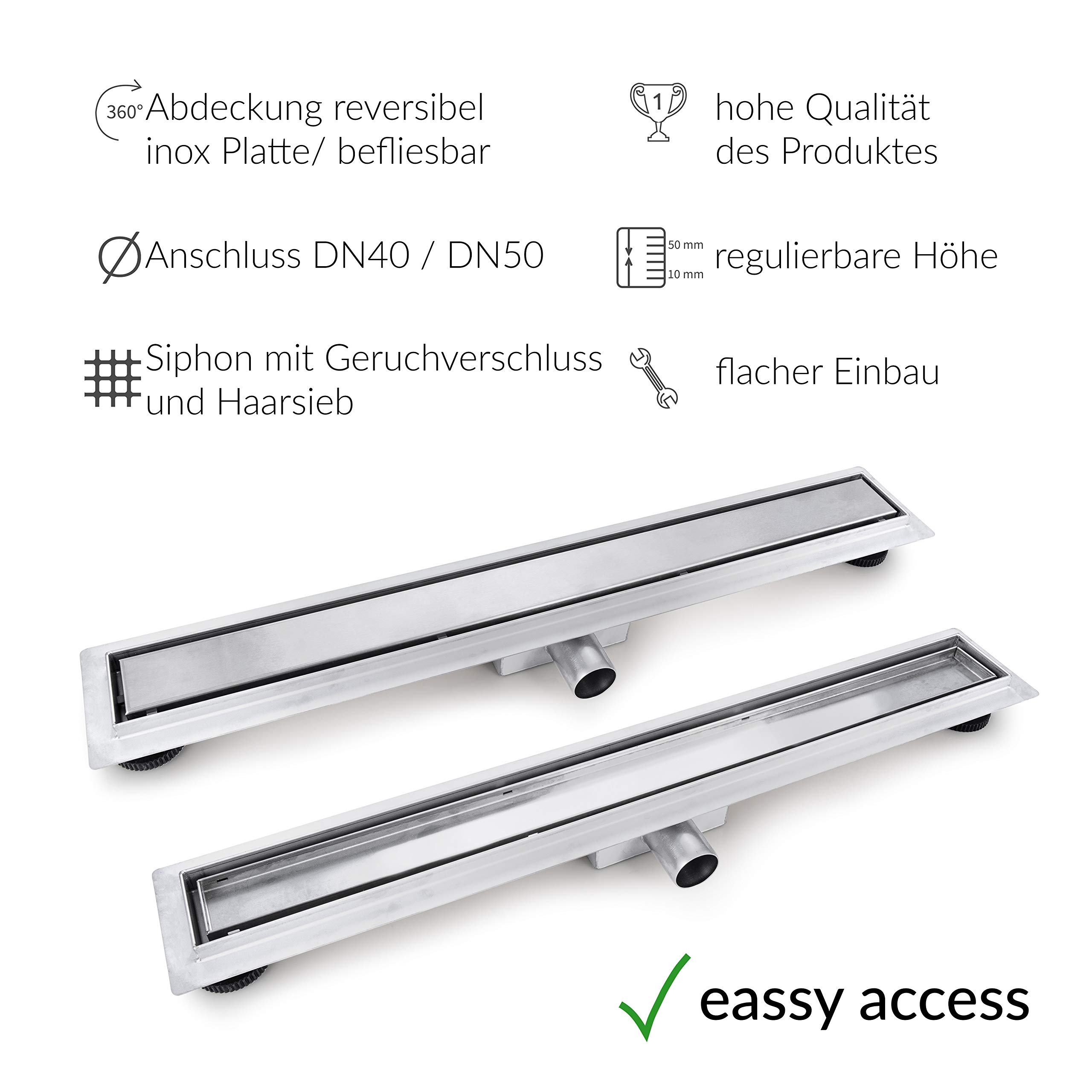 VBChome Duschrinne 80 cm Ablauf Bodenablauf Edelstahl befliesbar Selbstreinigender Siphon mit Geruchsstop mit Haarsieb 50-120 cm Ablaufrinne für Badezimmer Duschablauf sehr flach Komplettset