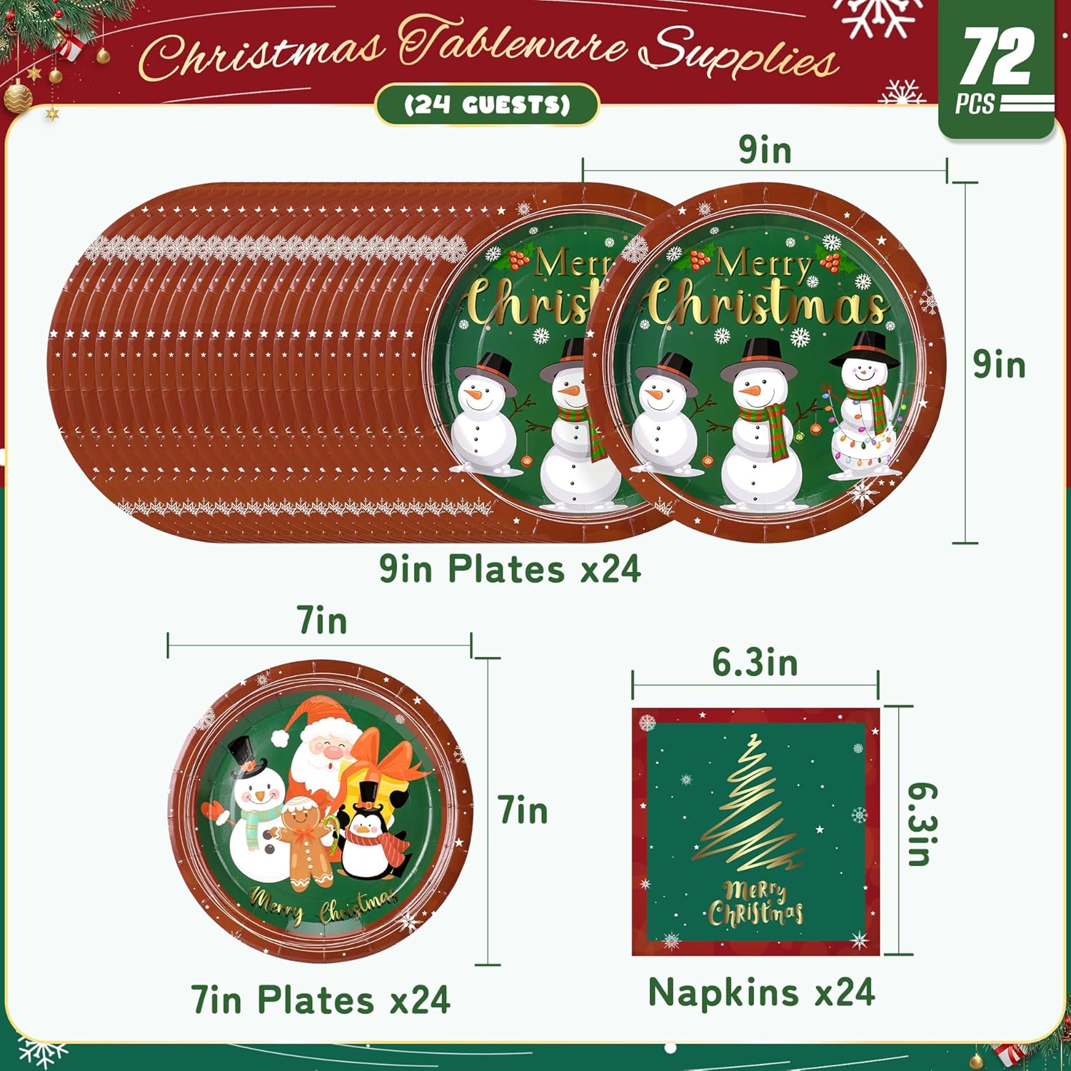72PCS Christmas Plates and Napkins for Party Decorations, Set of 24 Merry Christmas Disposable Tableware Supplies, Green Red Themed Snowman Plates for Xmas Party - Image 2
