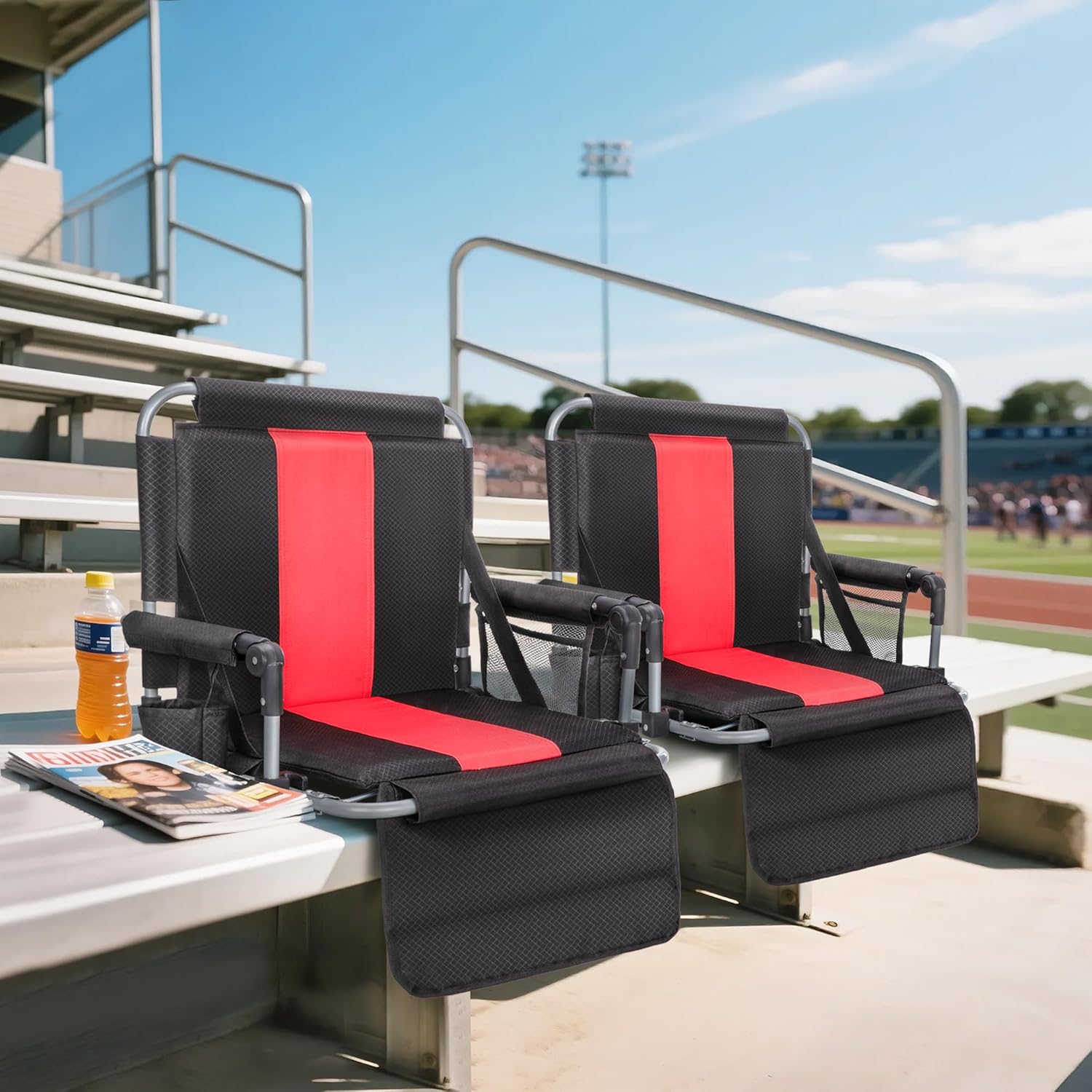 ALPHA CAMP Stadium Seating for Bleachers with Backrest, Padded Bleacher Seats Chair with Back Support and Cushion for Stadiums Bench, Black-Red