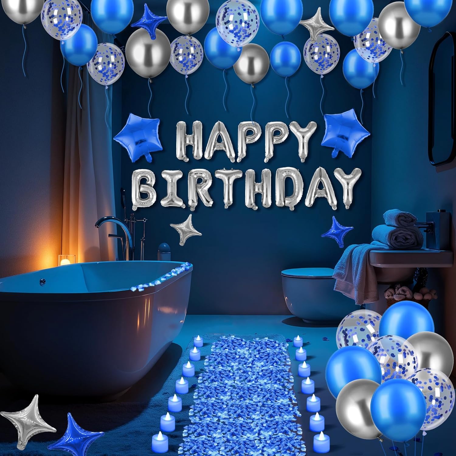 Blue Happy Birthday Balloons Banner Navy Blue Silver Birthday Balloons Letters with 6 Pcs Star Balloons Blue Artificial Rose Petals 24 Flameless LED Candles Set for Blue Birthday Party Decorations - Image 7