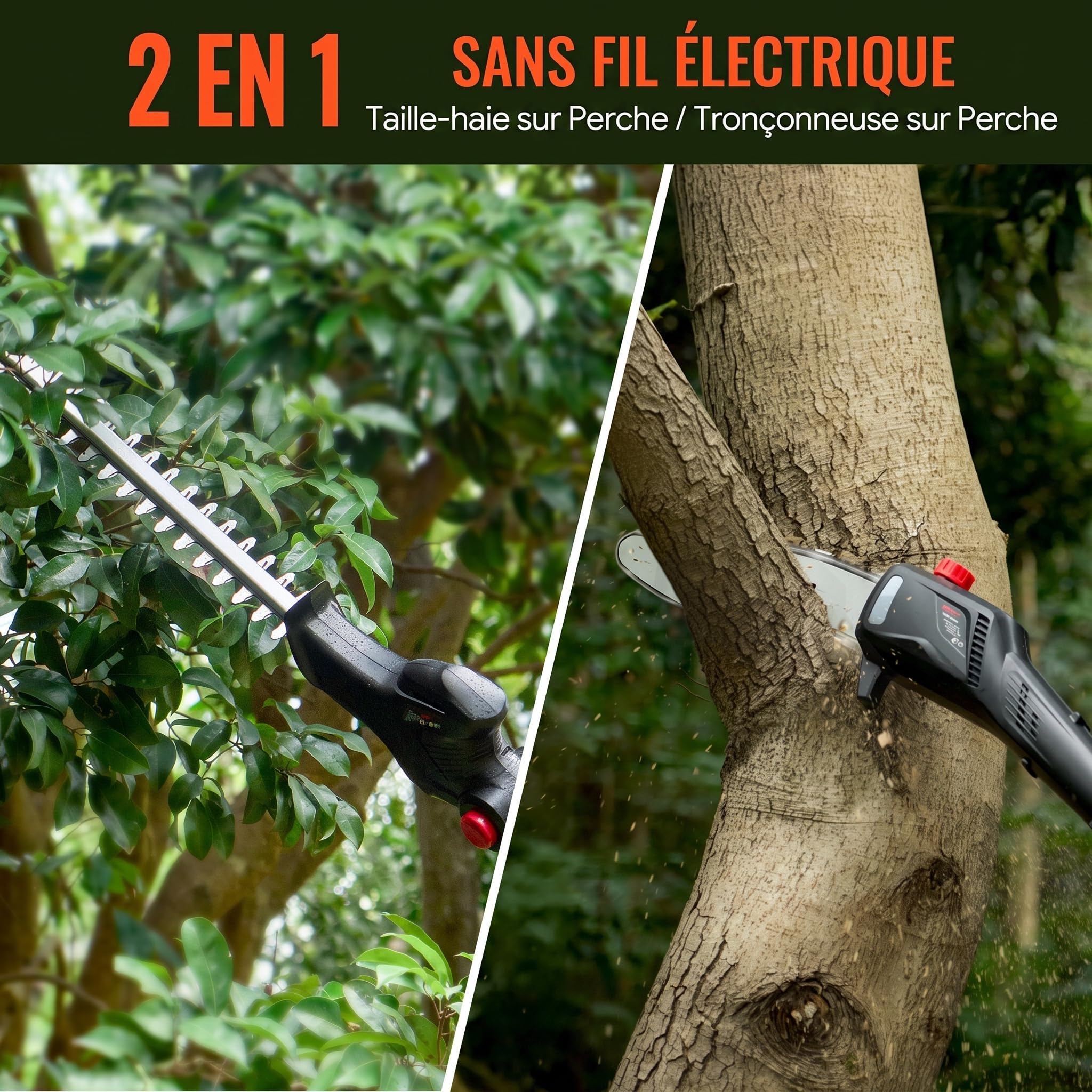 Keenstone 2-en-1 Élagueuse sur Perche et Taille-haie Électrique sans Fil, Double Lame de 42cm, Tronçonneuse de 20cm, Batterie 4,0Ah, Portée Max de 2,8m pour Jardin, Arbres et Arbustes