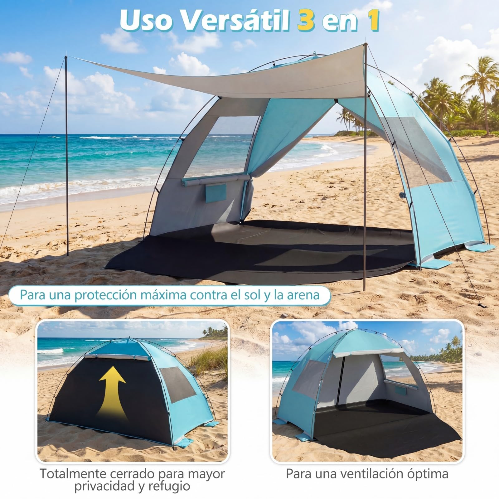 COSTWAY Tienda de Playa Plegable, 3-4/5-6 Personas, Carpa Camping con Toldo,Protección Solar UPF50+, Revestimiento Plateado, Bolsa de Transporte, Ventanas, Tienda de Campaña (260 x 150 x 160 cm,Azul)