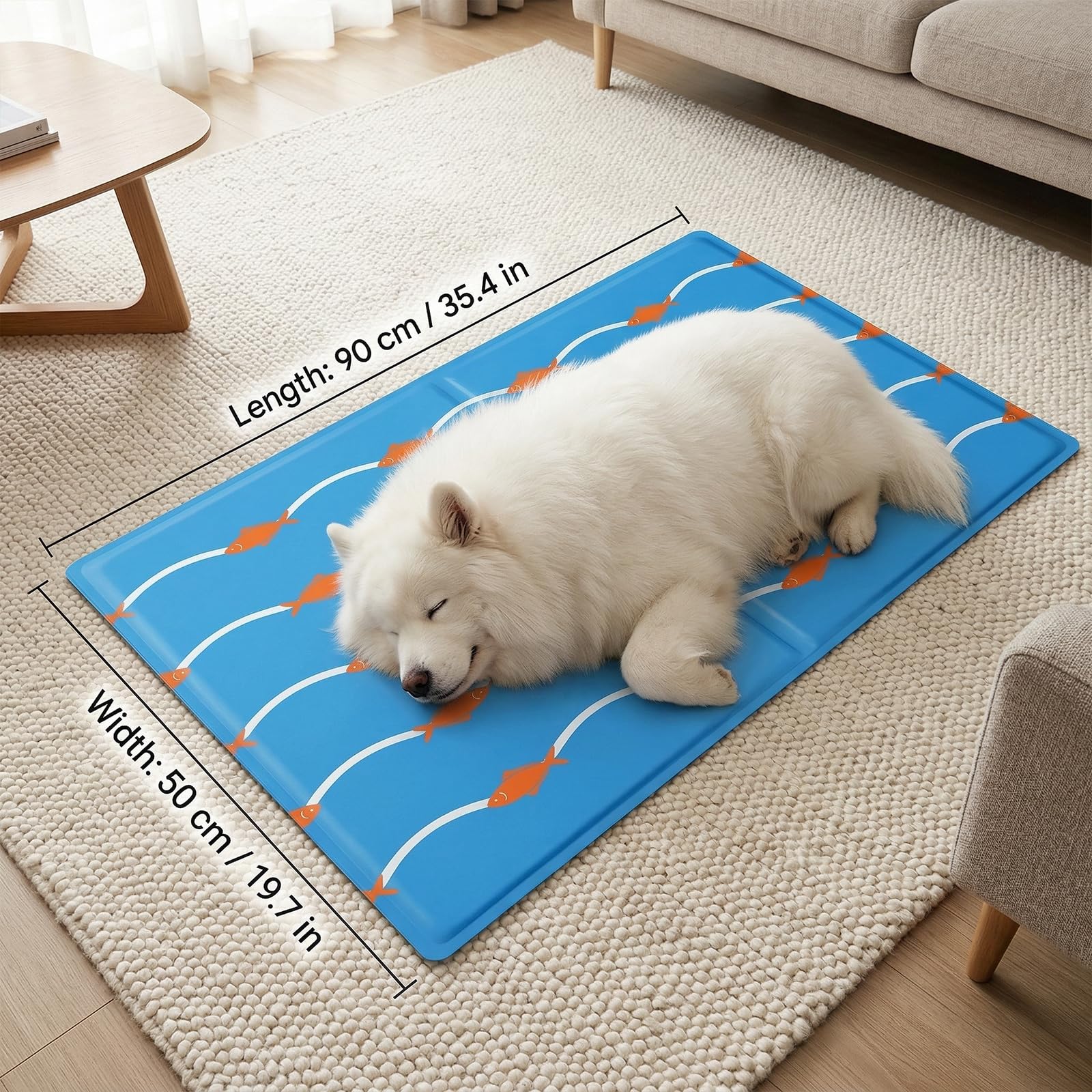 Qoosea Tapis Rafraîchissant pour Chien et Chat 50x90cm - Motif Poissons et Vagues, Matelas Refroidissant Auto-Cooling, Imperméable et Pliable, pour Maison, Voiture, Voyage