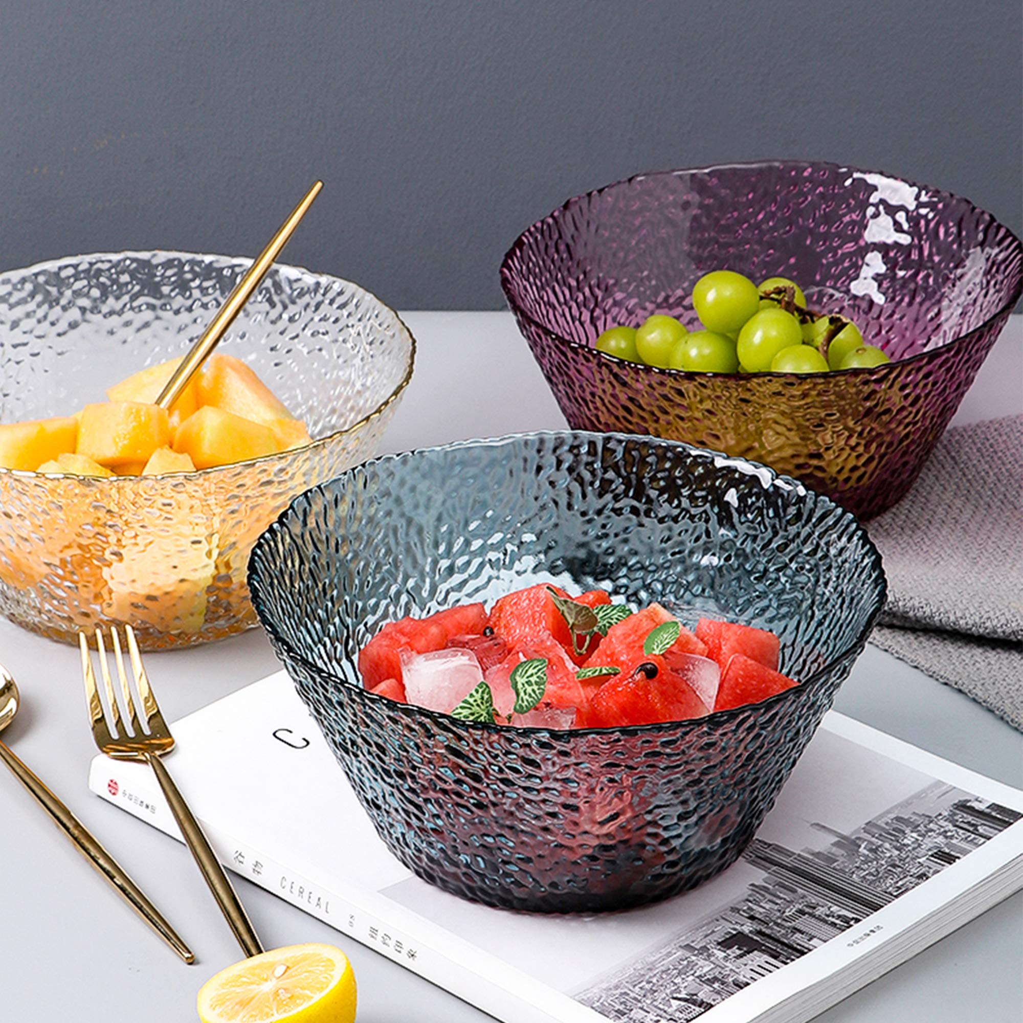 Glas Obstschale Salatschüssel Verdicken Transparente Runde Schüssel für Obstkorb Gemüsesnack (21x9.5 cm), Beinhaltet 2X Fruchtgabel