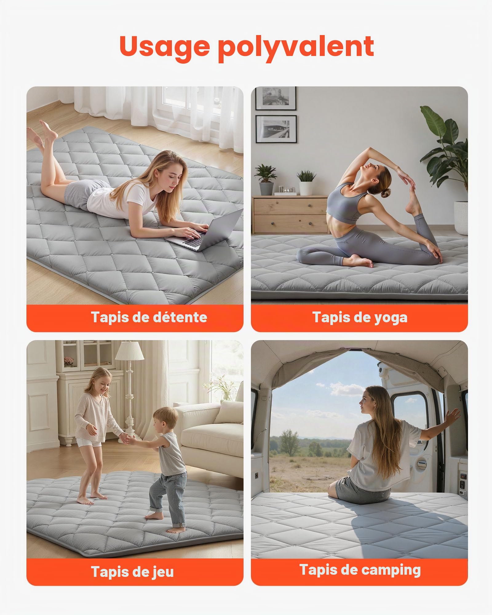 VEVOR Matelas Futon Taille Queen, Matelas de Sol Japonais Pliable, Tatami Doux pour Dormir Yoga Méditation et Relaxation, 203,2x152,4x8,9 cm, 9 Couches, avec Sac de Rangement et Attaches, Gris