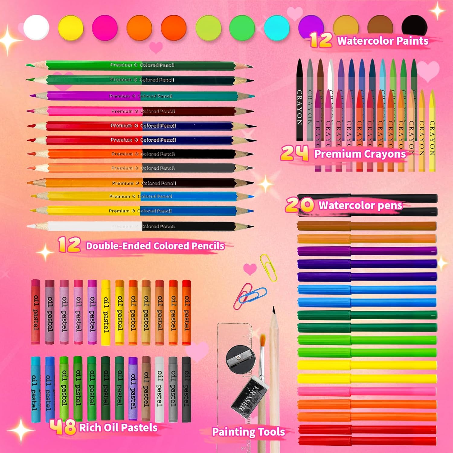 Princess Art Supplies Kit for Girls Ages 5-12, 184-Pack Art Case Coloring Set, Drawing Kits with Gifts Box, Arts Set for Kids, Crayons, Pastels, Double-ended Colored Pencils, Coloring Book