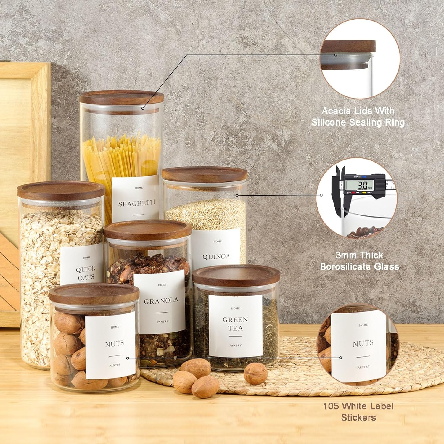 2 Pack Glass Rice Containers with Acacia Wood Lids, 70oz Airtight Flour and Sugar Jars with 105 Labels, Large Glass Pantry Storage Jars for Cereal, Protein Powder, Cookies, Dry Food
