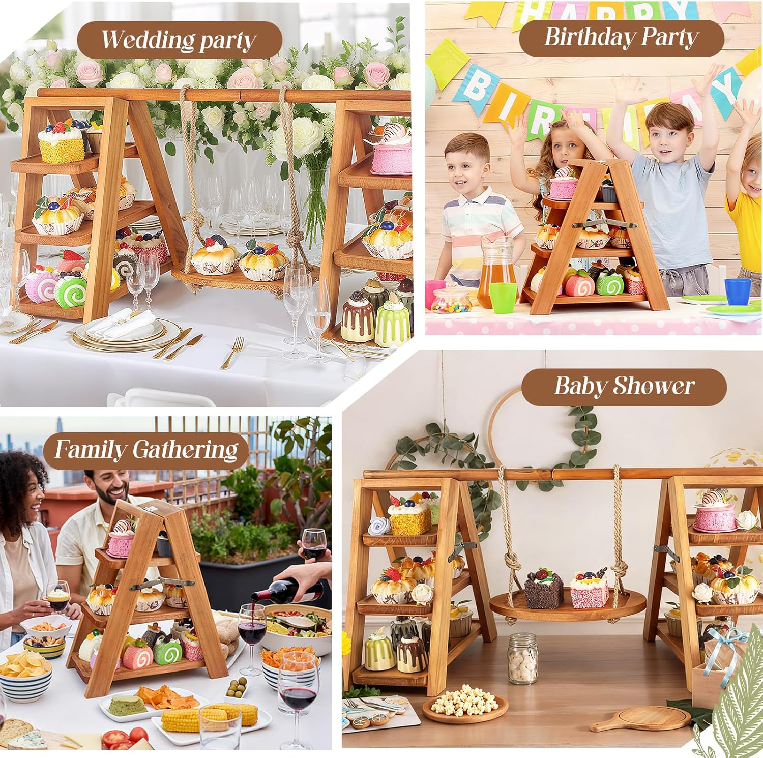 Wooden 3 Tier Cupcake Stand, Rustic Cupcake Display Stand for Dessert Table, Foldable Serving Tray Tower for Party, Wedding, Birthday, Baby Shower, Holiday Events