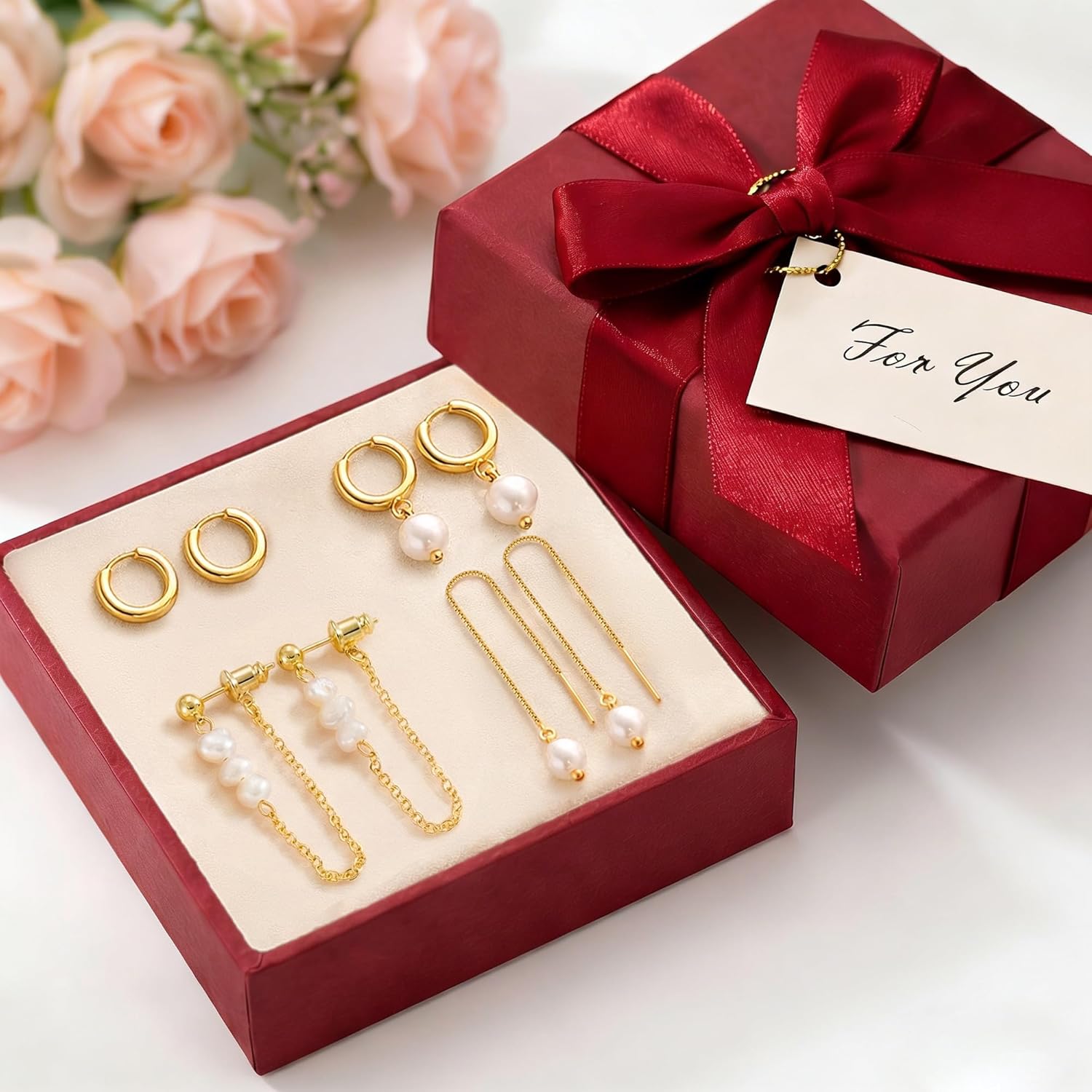 Gold Hoop Earrings for Women, 14K Gold Plated Hypoallergenic Pearl Drop Dangle Huggie Hoop Earring Stack for Multiple Piercings & Cartilage, Dainty Trendy Womens Jewelry - Image 6