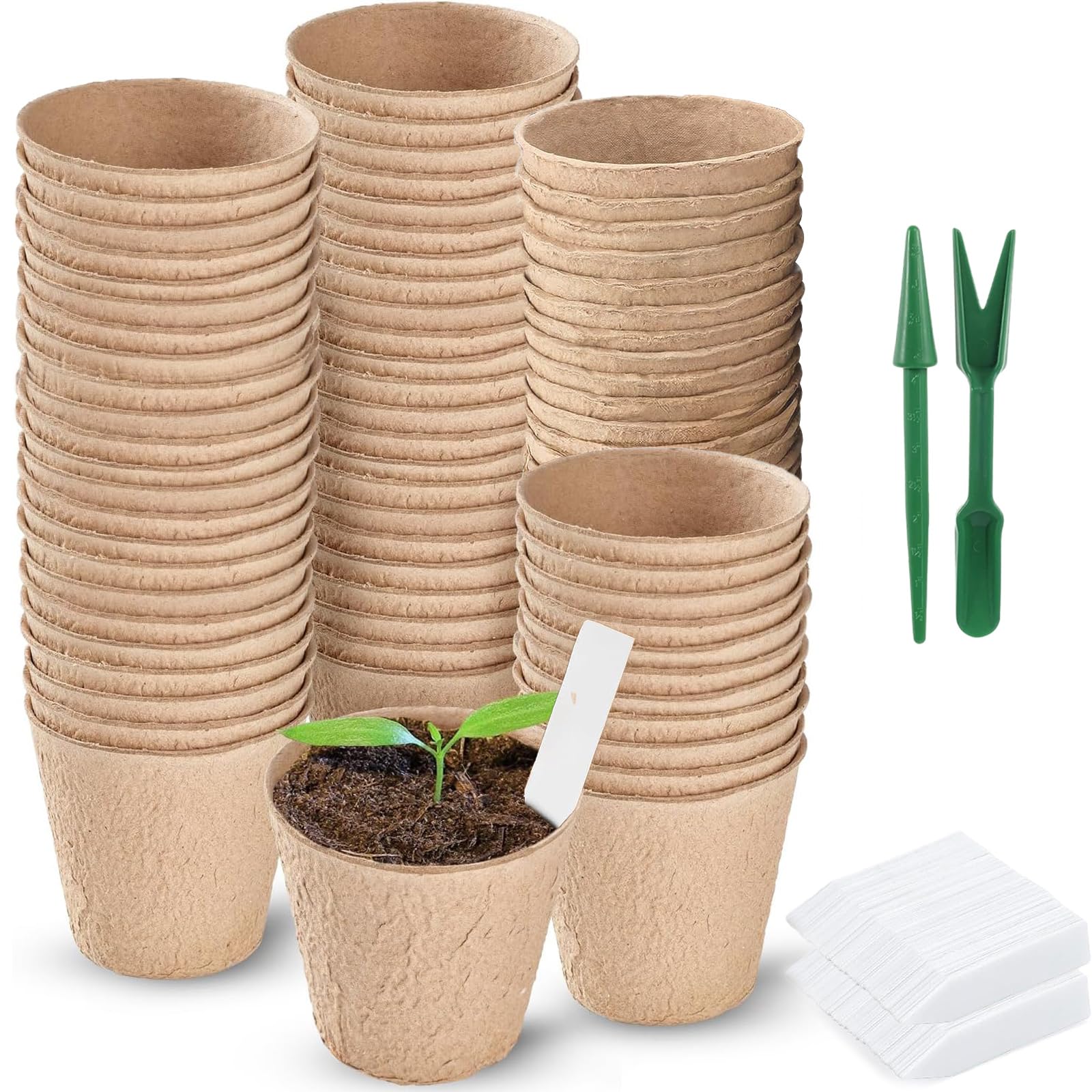 Wy8 Brown 100 Piece 8Cm Round Biodegradable Organic Fibre Seedling Pots For Plant Cultivation – Compostable Containers Easy To Transplant Ideal For Garden & Greenhouse Starter Items With 100 White Labels
