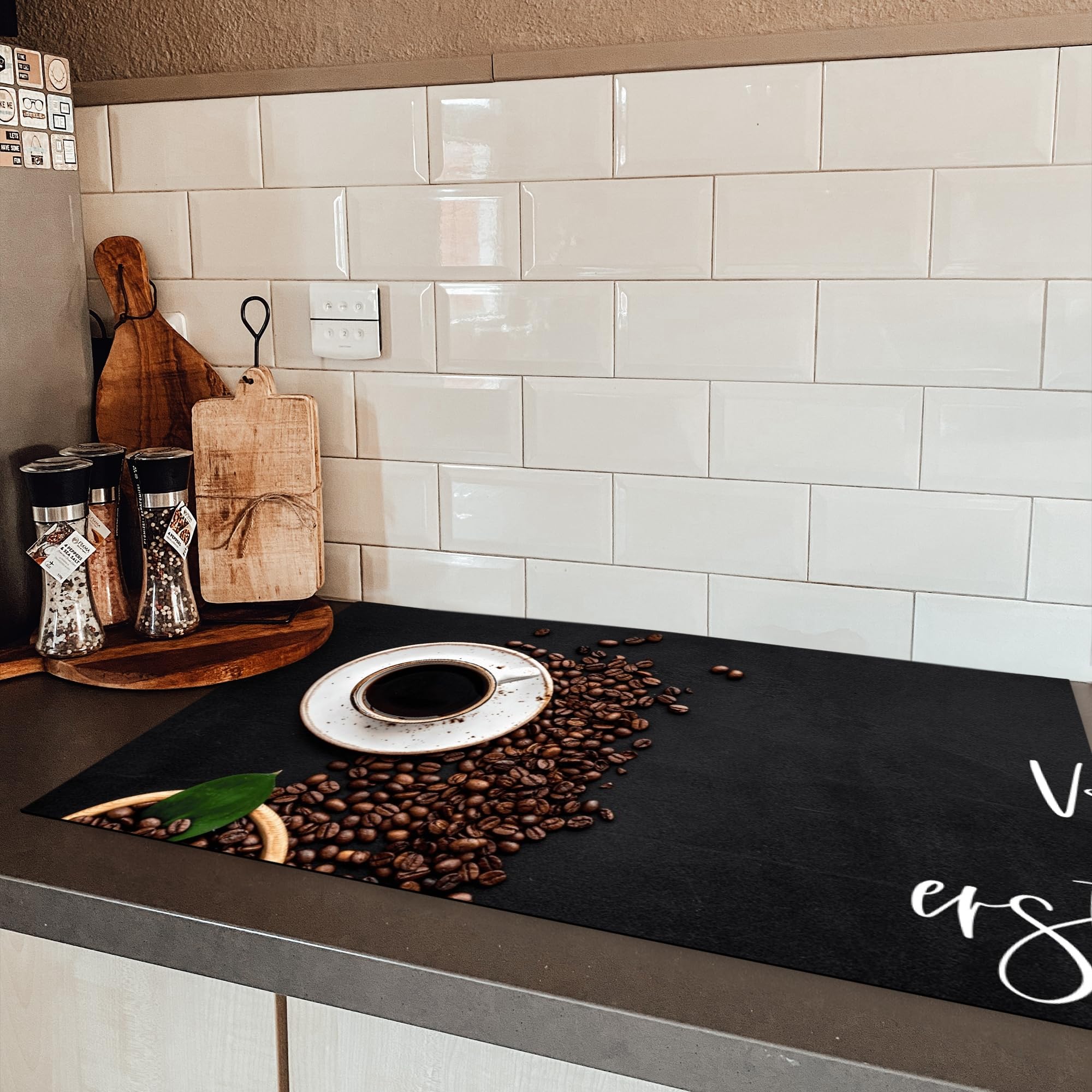 KitchenYeah© Herdabdeckplatte Einteilig Herdabdeckung Abdeckplatte für Ceranfeld Abdeckung Induktionskochfeld Aufrollbare Matte Zitate & Sprüche - "Vor dem ersten Kaffee Klappe halten" -