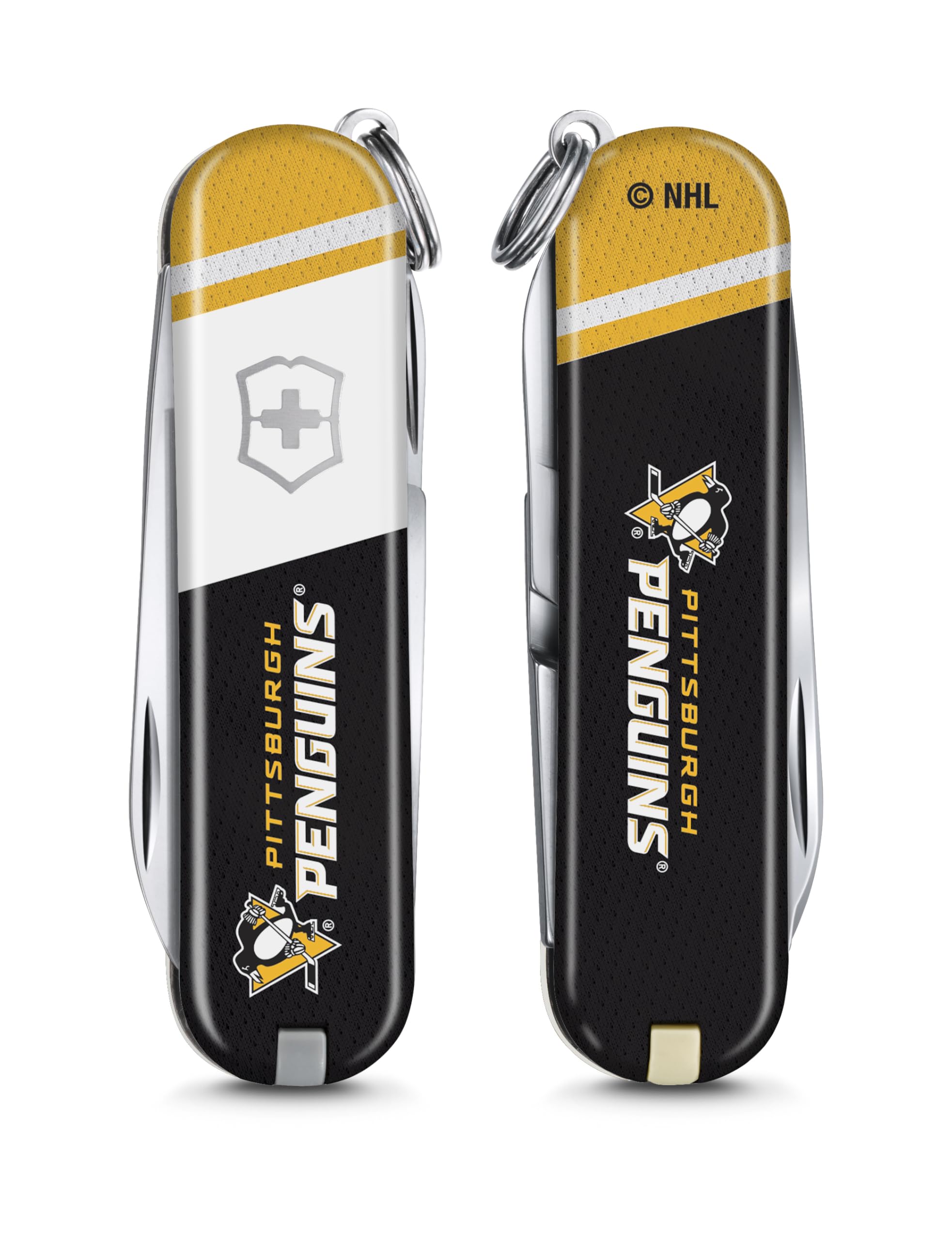 Victorinox Classic SD Swiss Army Knife – Compact 7 Function Swiss Made Pocket Knife with Small Blade, Screwdriver and Key Ring – Pittsburgh Penguins