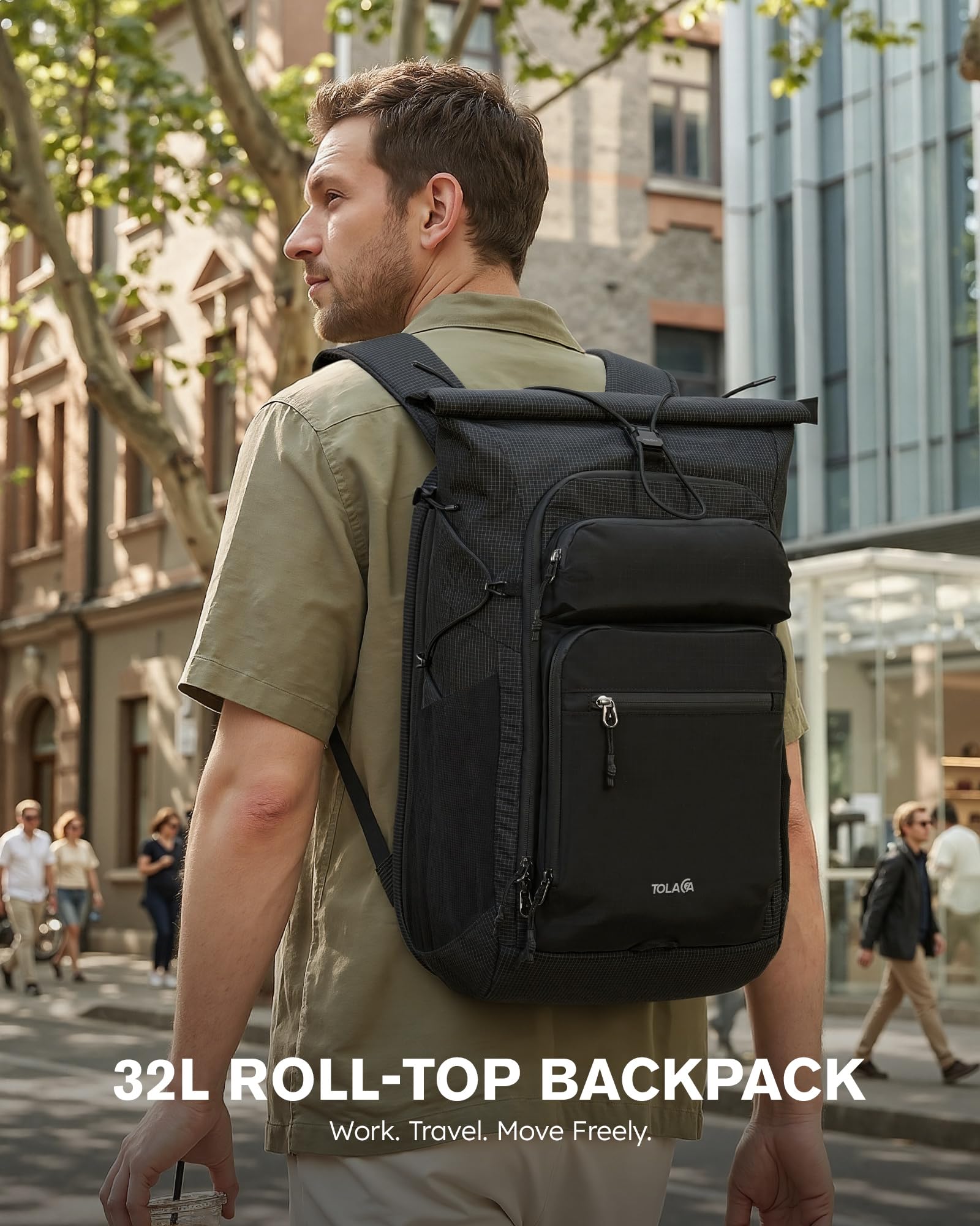 Tolaccea Rolltop Rucksack 32L Reiserucksack Handgepäck Rucksack für 16 zoll | Erweiterbar 32-40L | Leichtes Ripstop-Nylon | 180°-Laptopfach bis 16" mit EVA-Schutz | YKK-Reißverschluss | Magnetverschluss