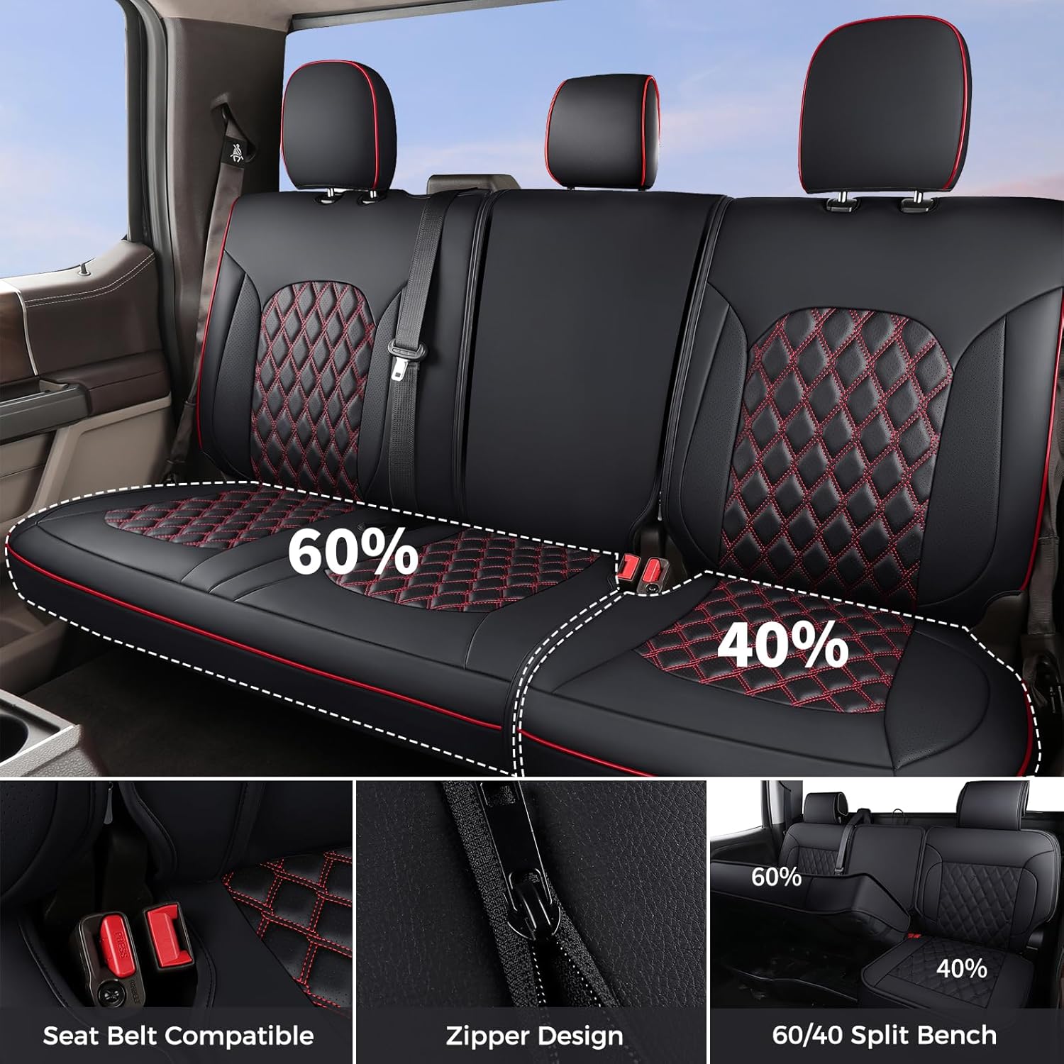 Huidasource Wrangler JK Seat Cover 4 Door, Leather Custom Car Seat Covers, Front&Rear Seat Cushion Protector Fit for Jeep Wrangler JK 4-Door Sahara Sport Rubicon 2007-2017(Full Set/Black&Red)