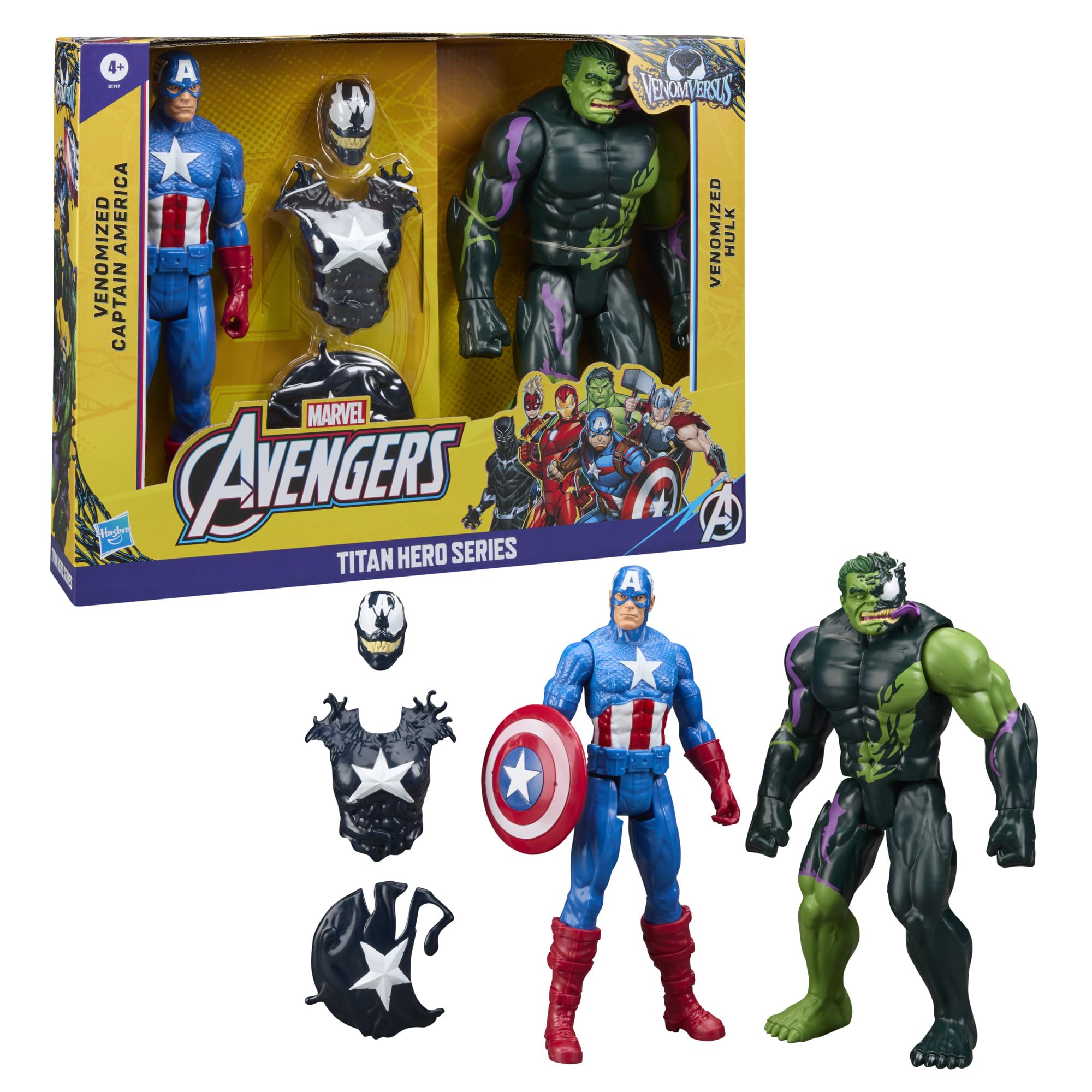 Avengers Titan Hero Series, Venomized Capitán América y Hulk, Set con 2 Figuras de Acción, Accesorios Venom, Batallas Superhéroes y Villanos, Regalos para Niños de 4 Años o Más