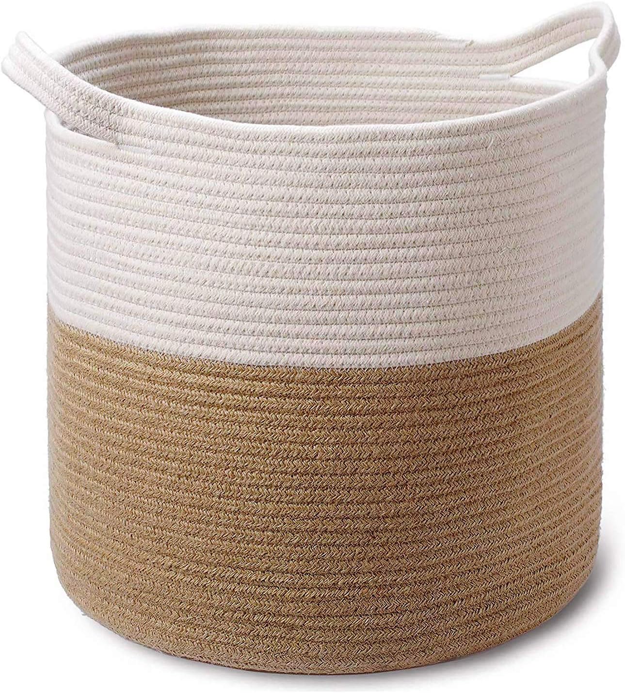 Large Jute Cotton Coiled Rope Basket - 15 x 15 x 16 Inch - Decorative Woven Storage Basket Laundry Hamper for Sofa Throws, Pillows, Toys, Clothes, Towels, Shoes
