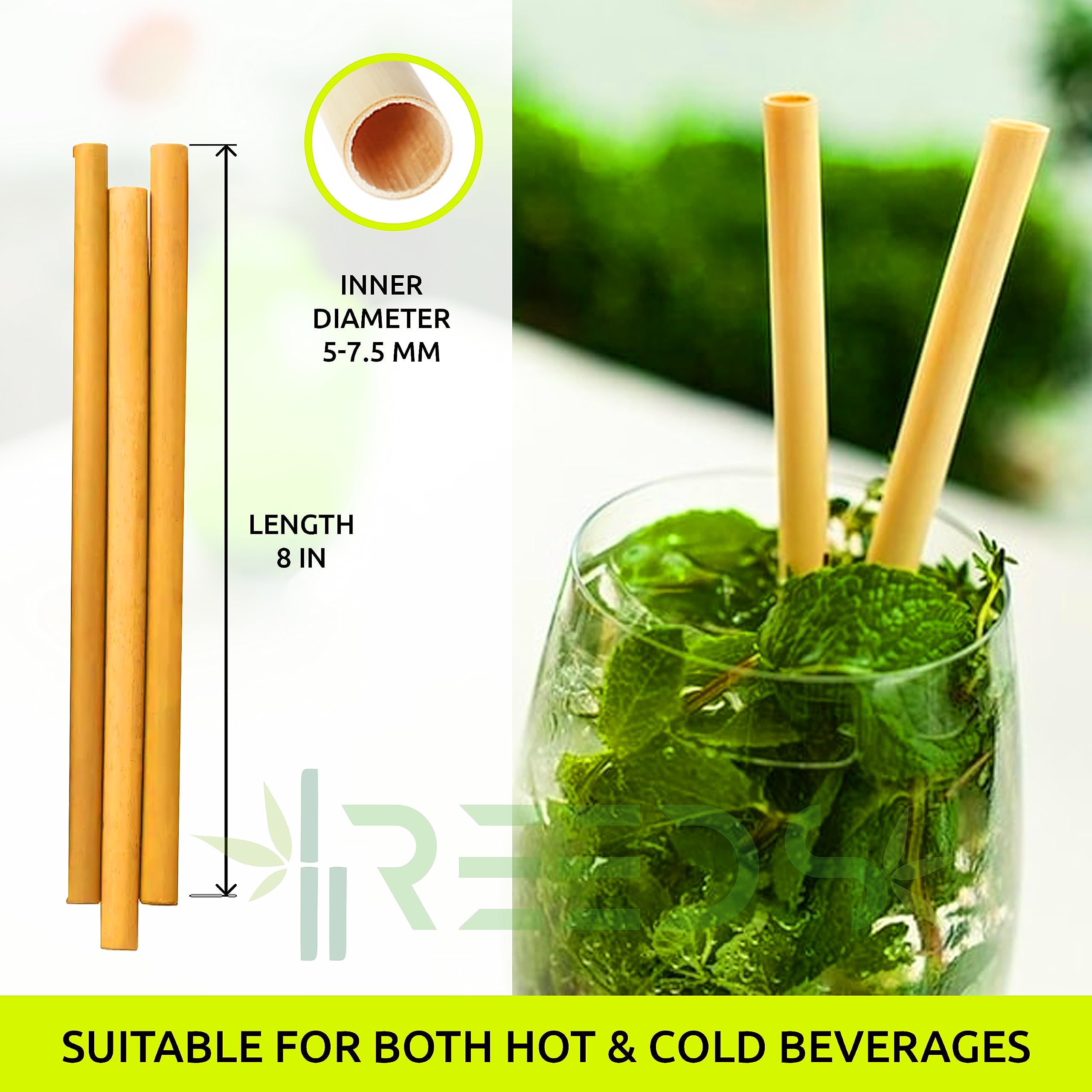 Reed Drinking Straws, Ecological, Biodegradable, 100% Plant-based, Single-use, Similar to Bamboo, for Smoothies, Milkshakes, Frozen & Signature Cocktails, Hot Tea, Coffee, 200 ct. Tall 8 inch, Medium