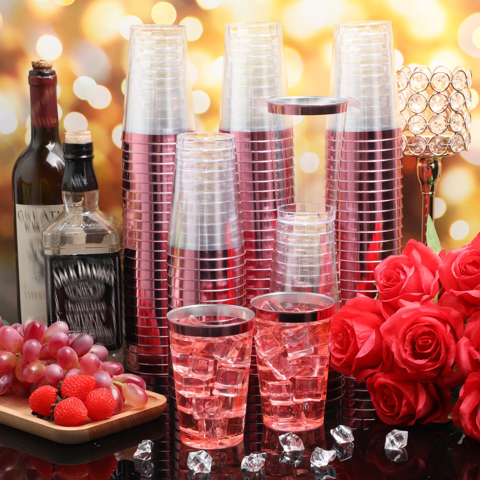 100 Pcs 12oz Plastic Cups Disposable Cups 12 oz Plastic Glasses Clear Plastic Tumblers with Rim for Birthday Wedding Party Elegant Wine Coffee Cocktail Cups (Pink)