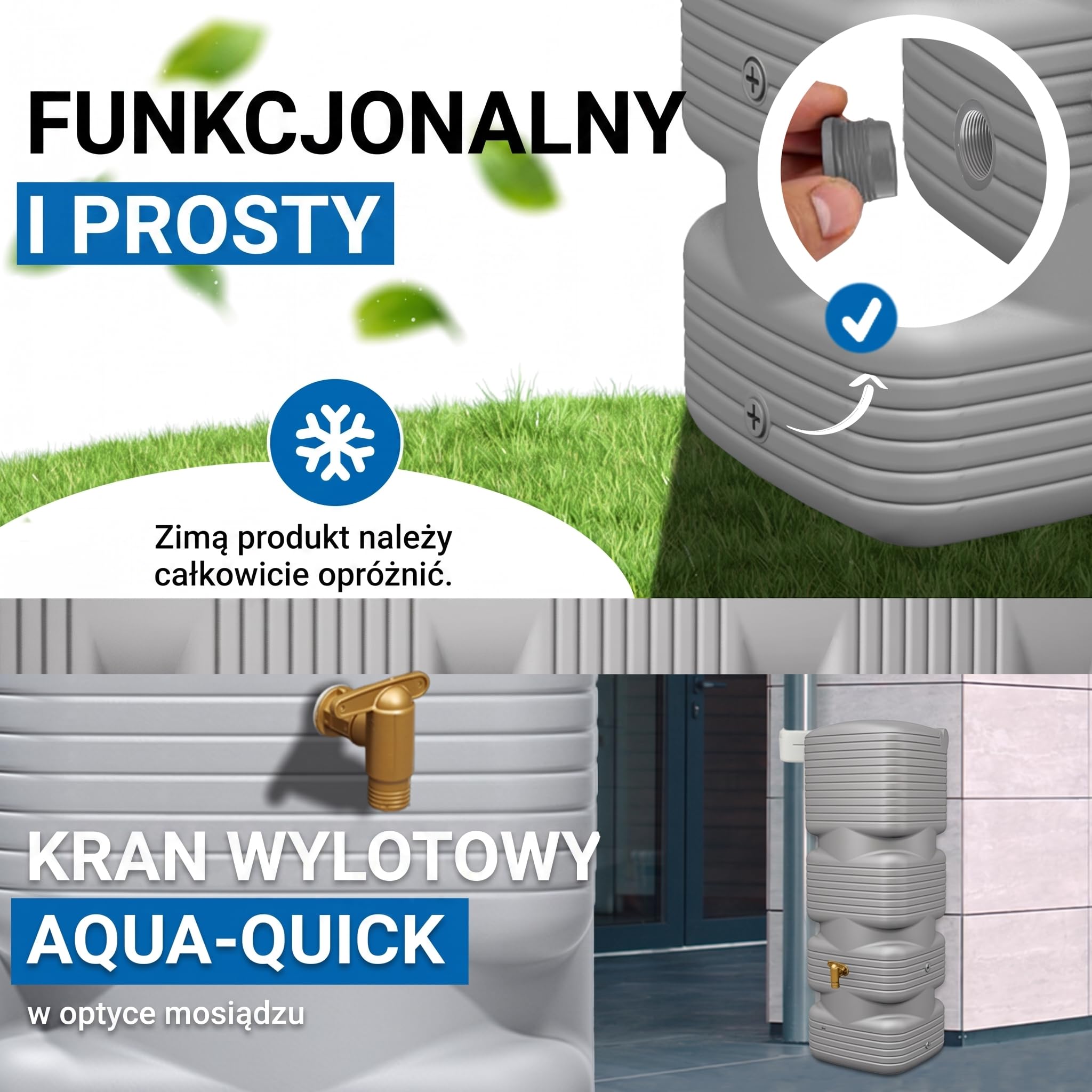 4rain QUADRO zbiornik przyścienny na deszczówkę zestaw kompletny 170 l | szary betonowy, z kranem spustowym z tworzywa sztucznego i przyłączem do rury spustowej