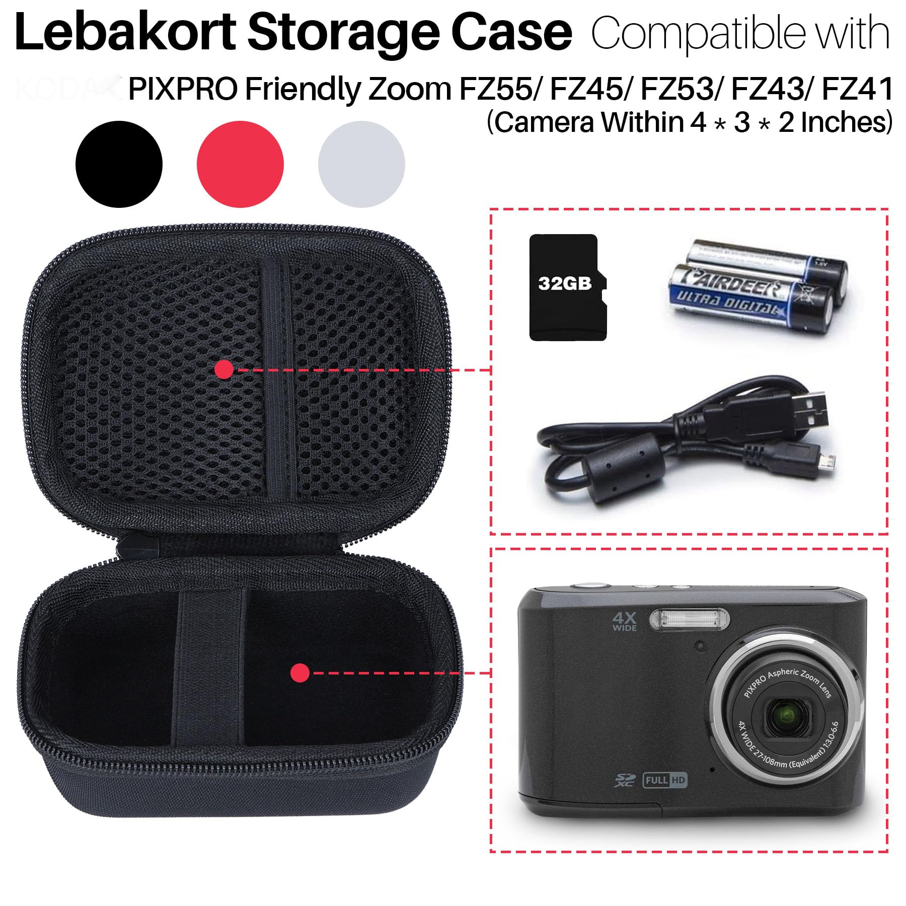 Lebakort Dur Étui Housse Cas Compatible avec Kodak Pixpro FZ45 / FZ55 / FZ53 / FZ43 /FZ41 Appareil Photo Numérique (Noir)