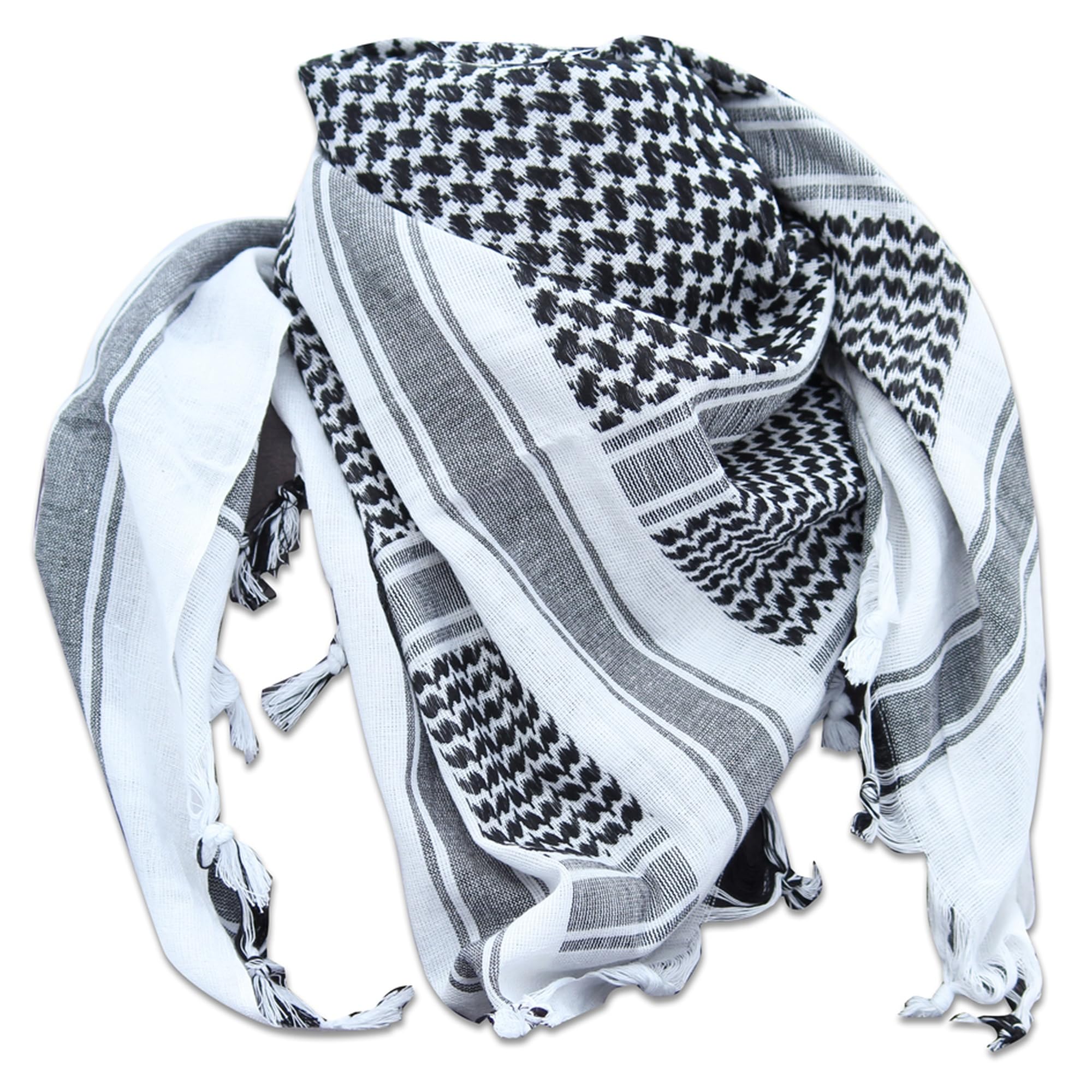 Outdoor World Shemagh Unisex Scarf – Keffiyeh Arab PLO Military Army SAS Desert Head Neck Wrap – Breathable 100% Cotton Tactical Scarf for Men Women – 110cm x 110cm with Tassels (Black on White)