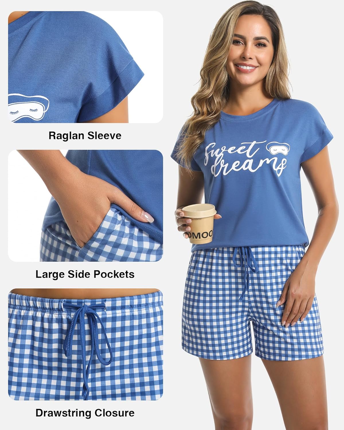 difficort Womens Pajama Sets Summer Short Sleeve with Shorts Sleepwear Lounge Set with Pockets - Image 6