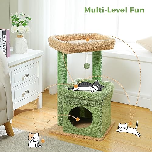 Miniatura 44 de PEQULTI Torre de árbol para gatos de interior con condominio privado acogedor para gatos, postes rascadores de sisal natural y pompón de felpa