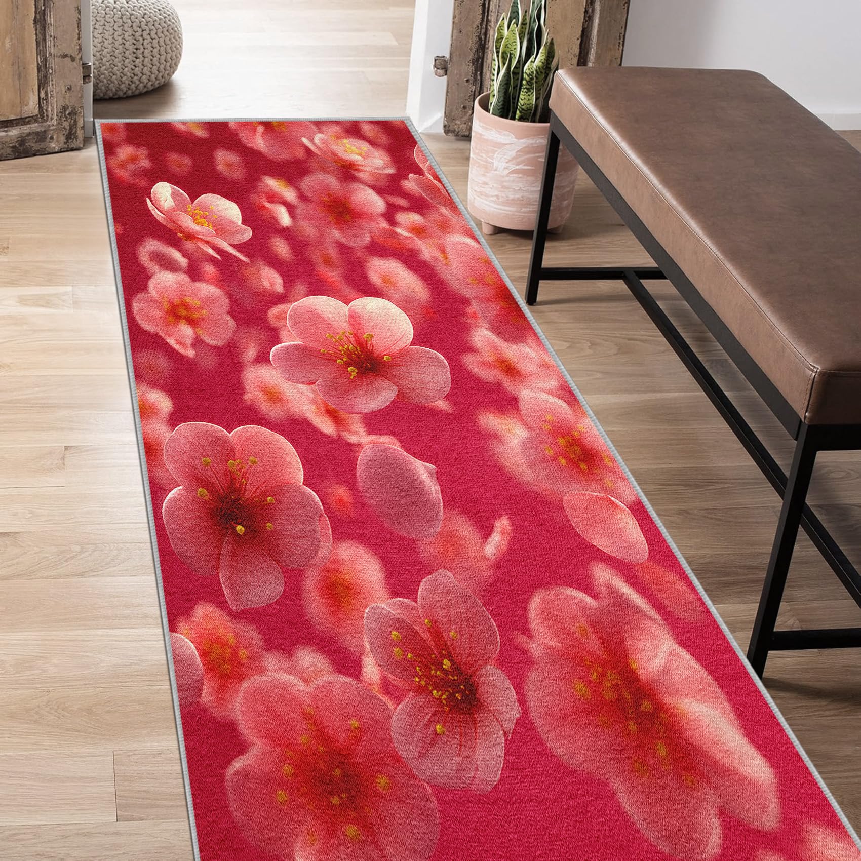 Fleurs de Cerisier Tapis de Couloir Floral Fleurs Tapis de Couloir Long 60 x 120 cm Passage Antidérapant Lavable en Machine D'entrée Chambre Salon Descente de Lit Poil Ras Rug