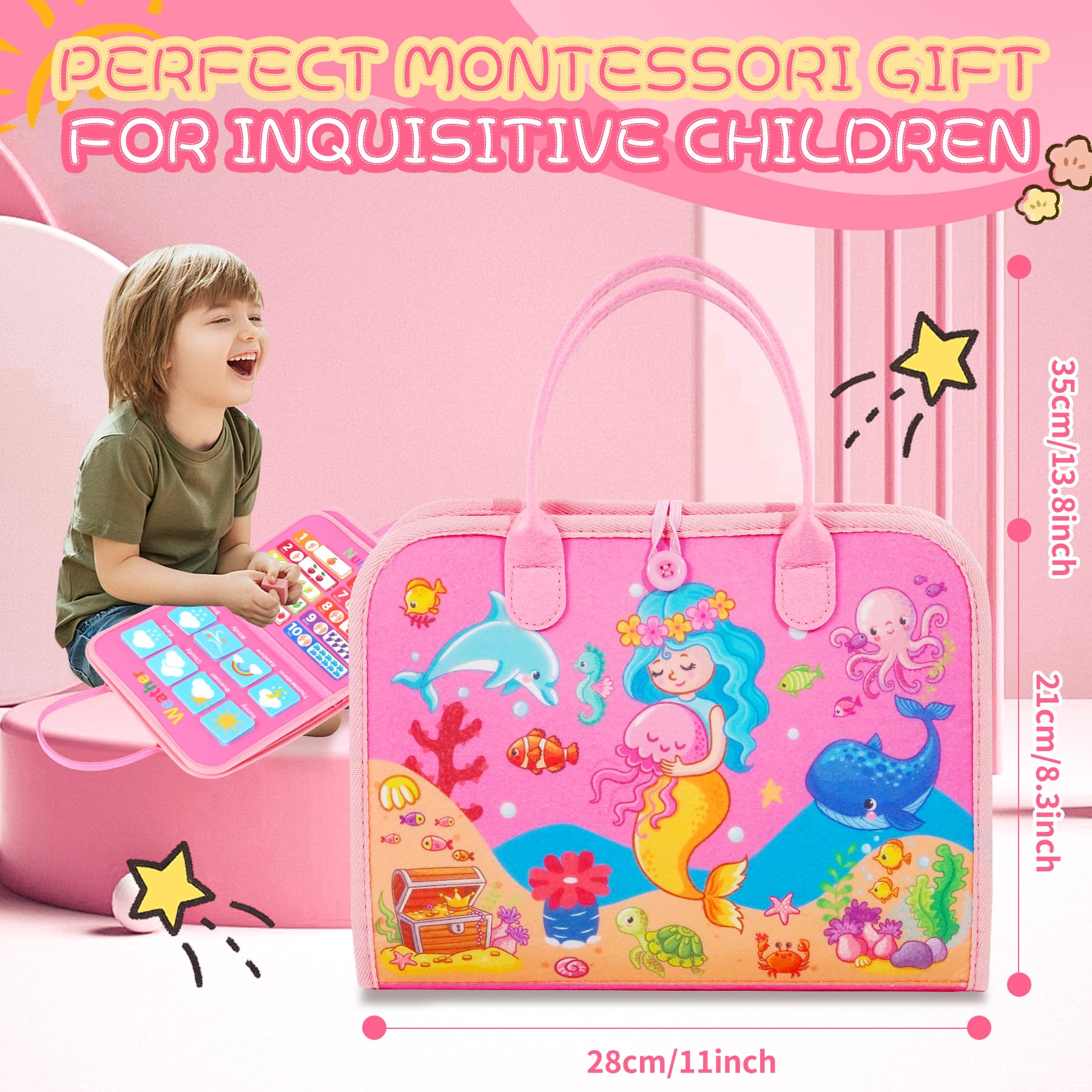 Busy Board Giochi Montessori 1 Anno - Libro Montessori Interattivo in Feltro, Pannello Sensoriale Educativo per Bambini - Giochi Bambini 2 Anni, Regalo Bimbo Bimba Compleanno (rosa)