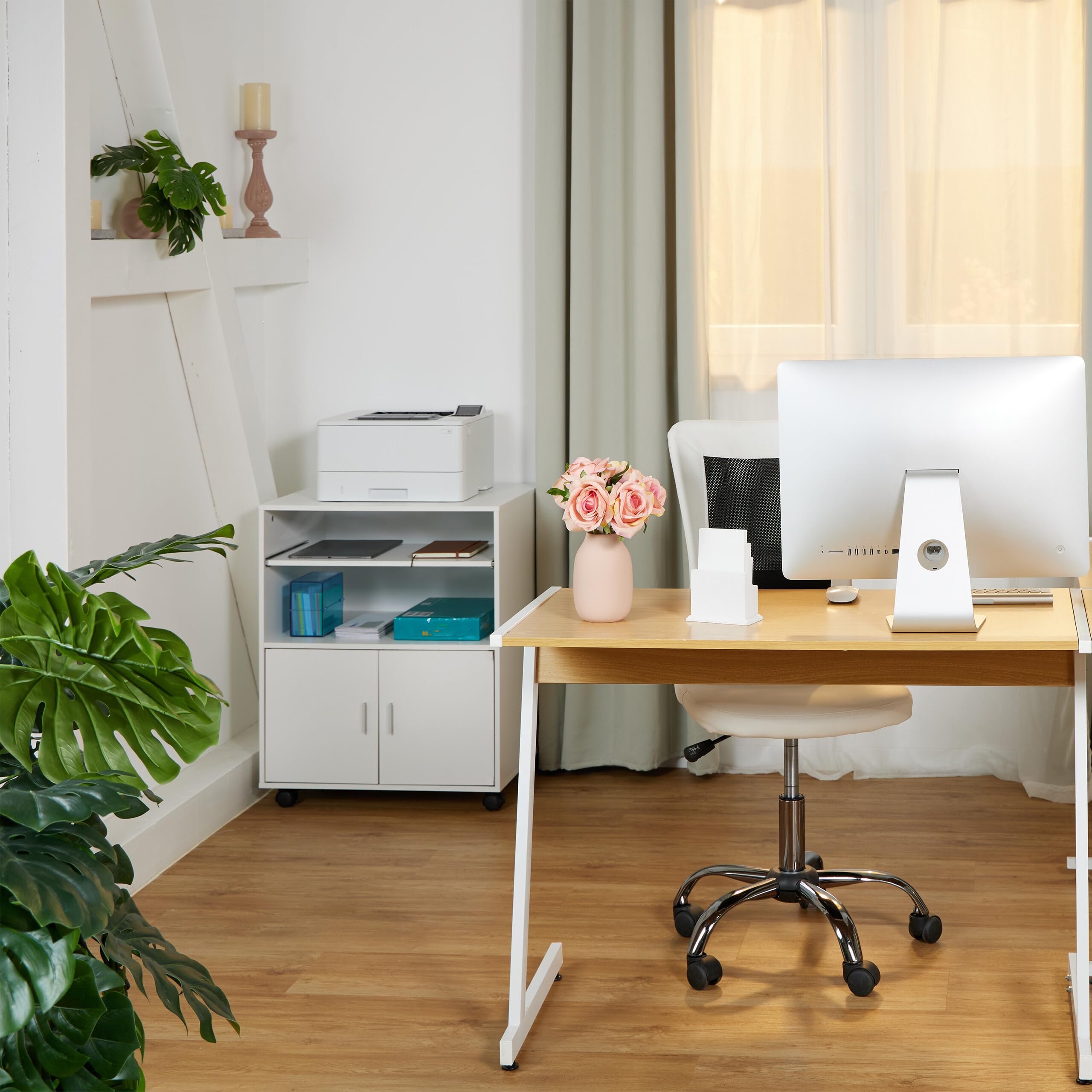 Relaxdays Carrello Porta Stampante, 2 Scomparti e Ripiano Estraibile Tastiera, Mobiletto Ufficio, 74x60x48 cm, Bianco