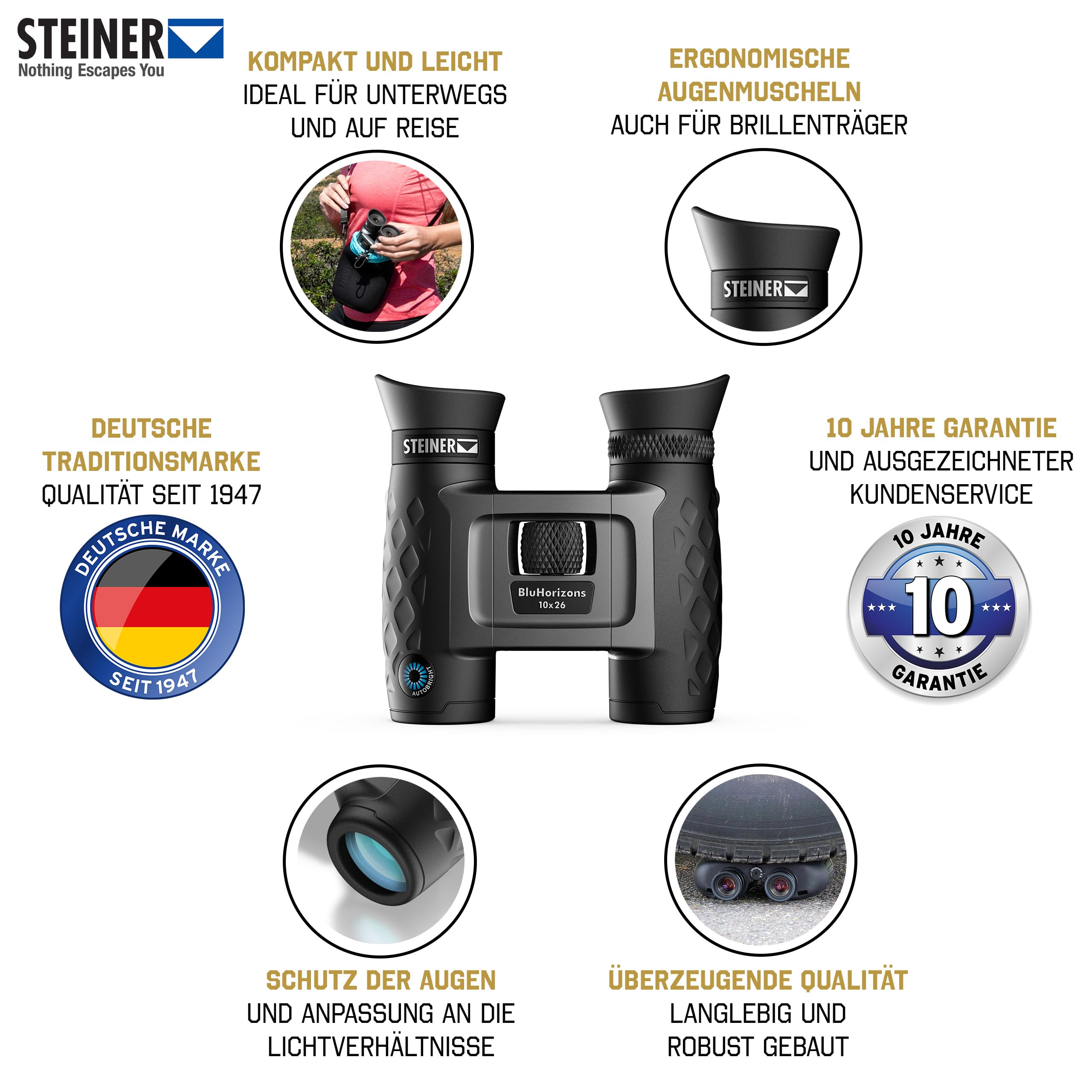 STEINER Fernglas BluHorizons 10x26 - Deutsche Marken-Qualität, 10 Jahre Garantie, Anpassung an Helligkeit, Schutz der Augen, 10-Fach Zoom, kompaktes und leichtes Urlaubs- und Reisefernglas