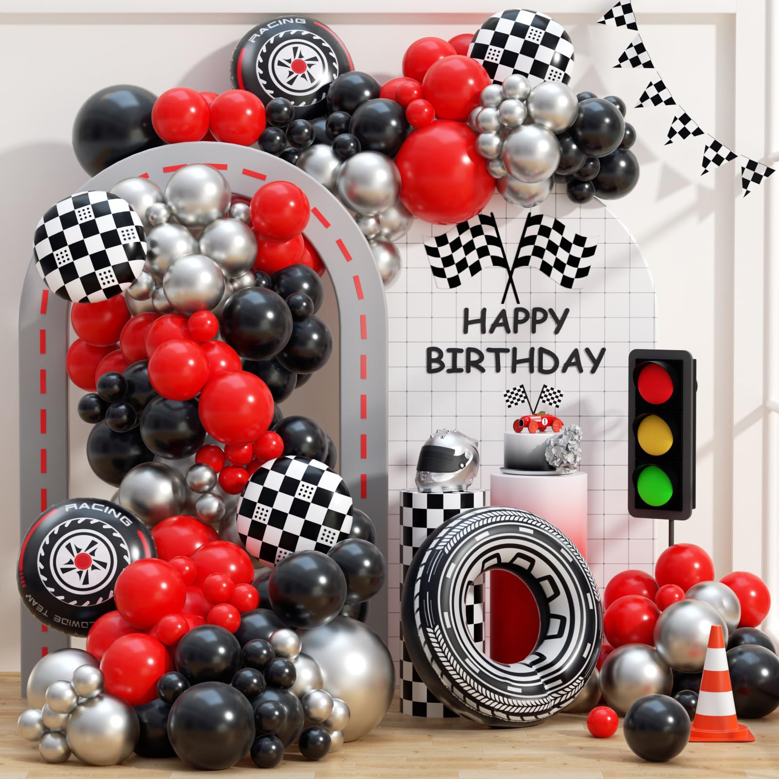Photo 1 of 132pcs Race Car Balloon Arch Kit with Red Black Metallic Silver Foil Balloons for Race Car Birthady Party Decorations