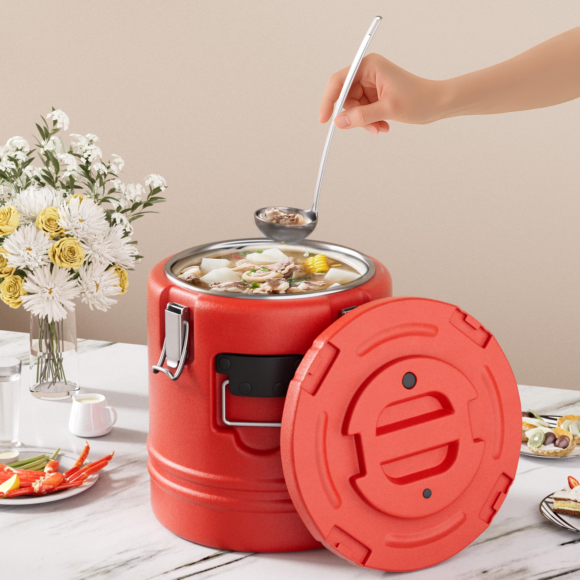 Isolierter Suppenbehälter mit Löffel, 21 QT, tragbare kommerzielle Hotbox, Speisenwärmer heiß oder kühl, Edelstahl, isolierter Lebensmittelbehälter, Träger für Restaurant, Kantine, Zuhause