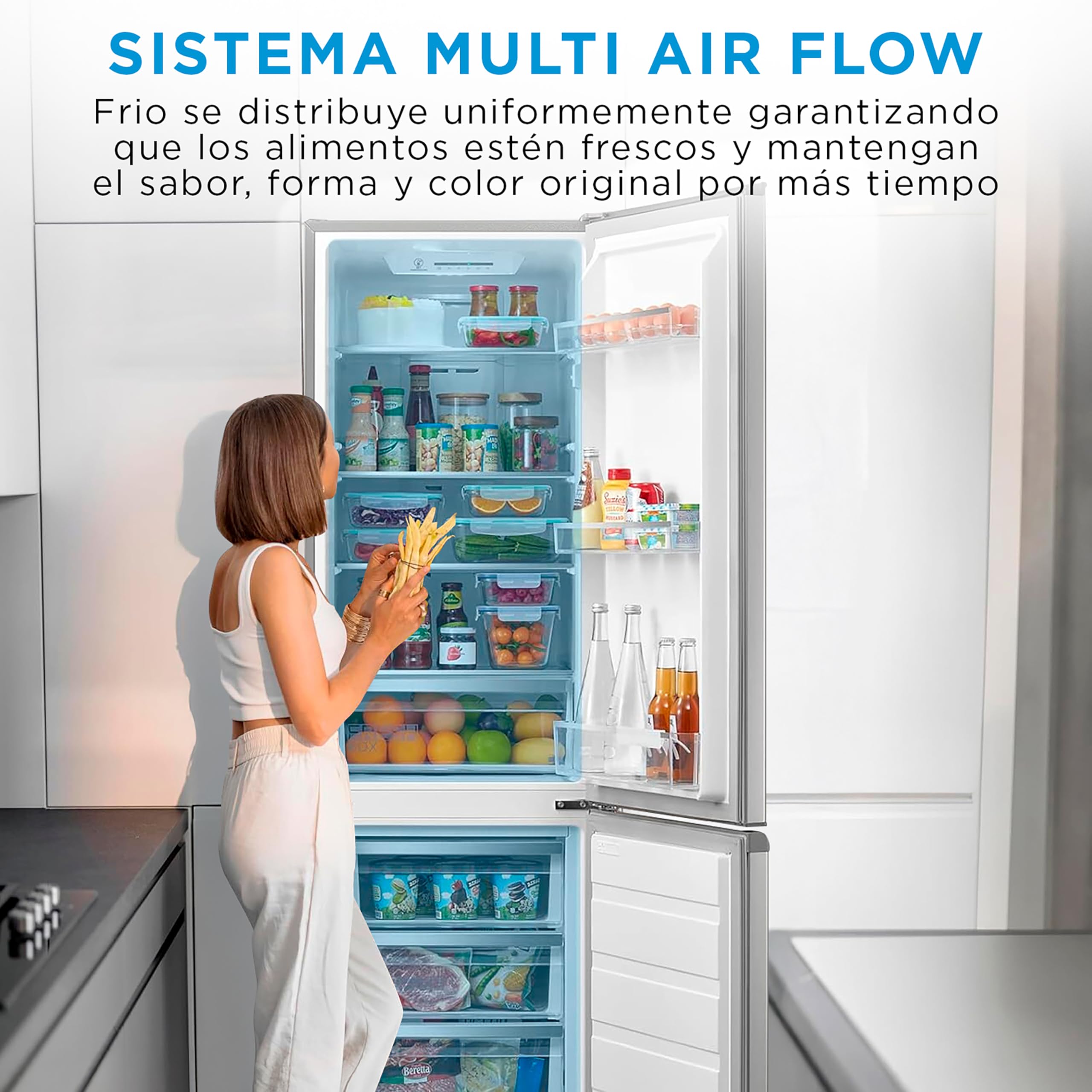 Midea Frigorifico Combi No Frost | 55 cm ancho x 180 cm | Inox | 270L de Capacidad - Nevera Libre Instalación con Congelador Vertical - Refrigerador de Bajo Consumo con Sistema Multi Air Flow