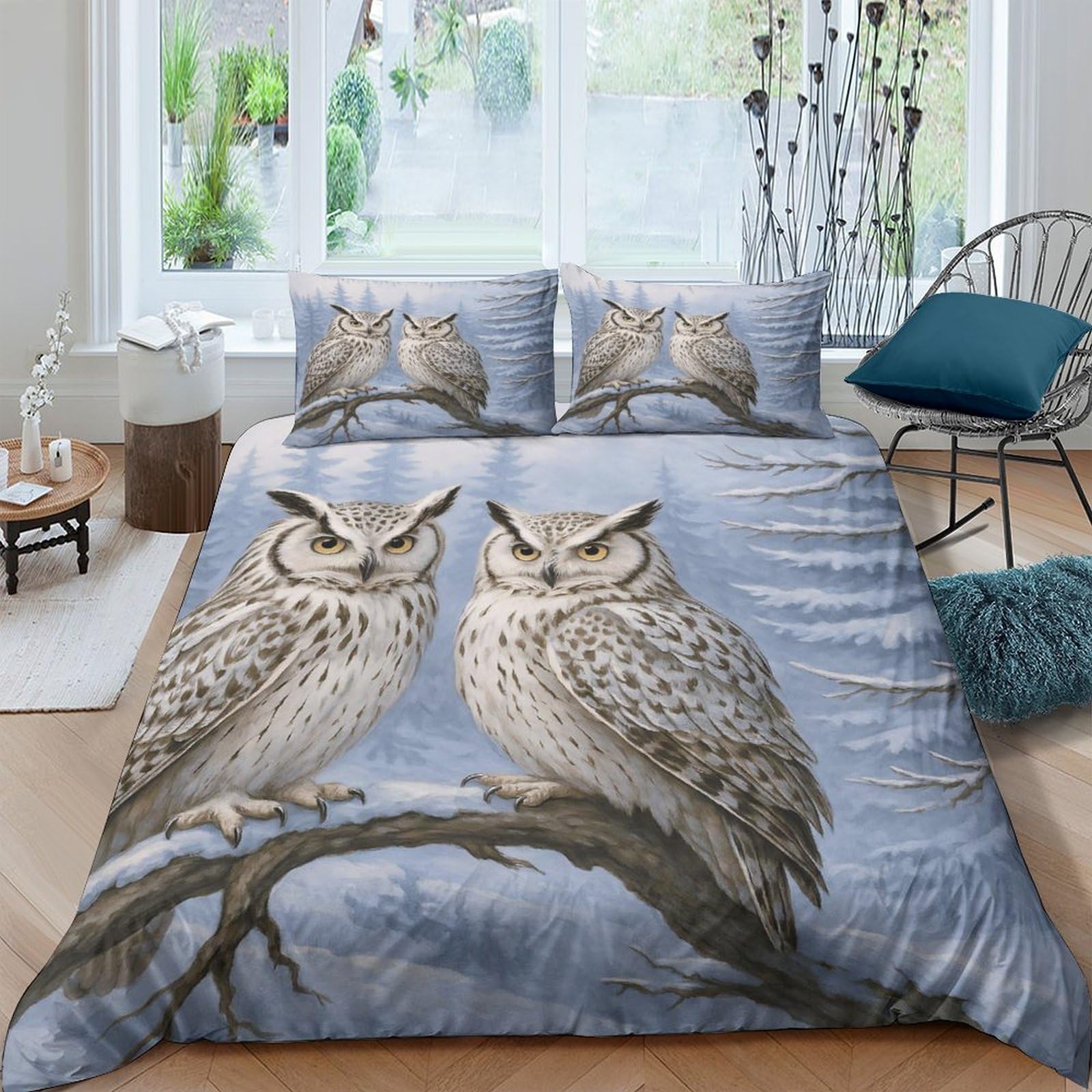 Ctjqhvkz Style-1 3D Printed Owl Forest Fitted Sheet Microfiber Soft Grey Blue Mattress Cover For Bedroom Guest Room Easy Care Decor Single（135X200cm）
