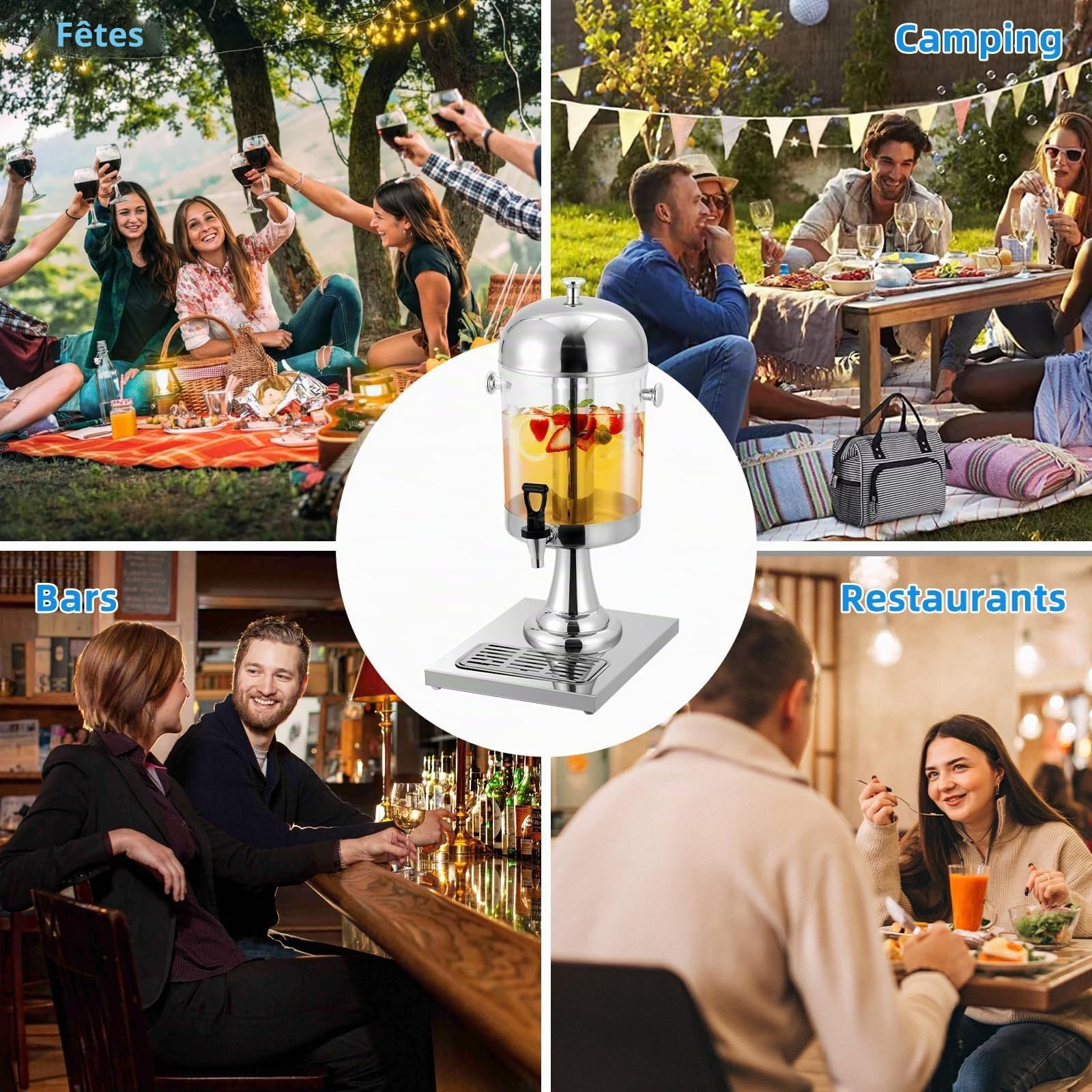Garvee Distributeur de boissons professionnel 8L – Acier inoxydable | bac à glace, robinet, plateau égouttoir – Idéal pour jus, thé glacé, limonade, événements – Simple tête, argenté