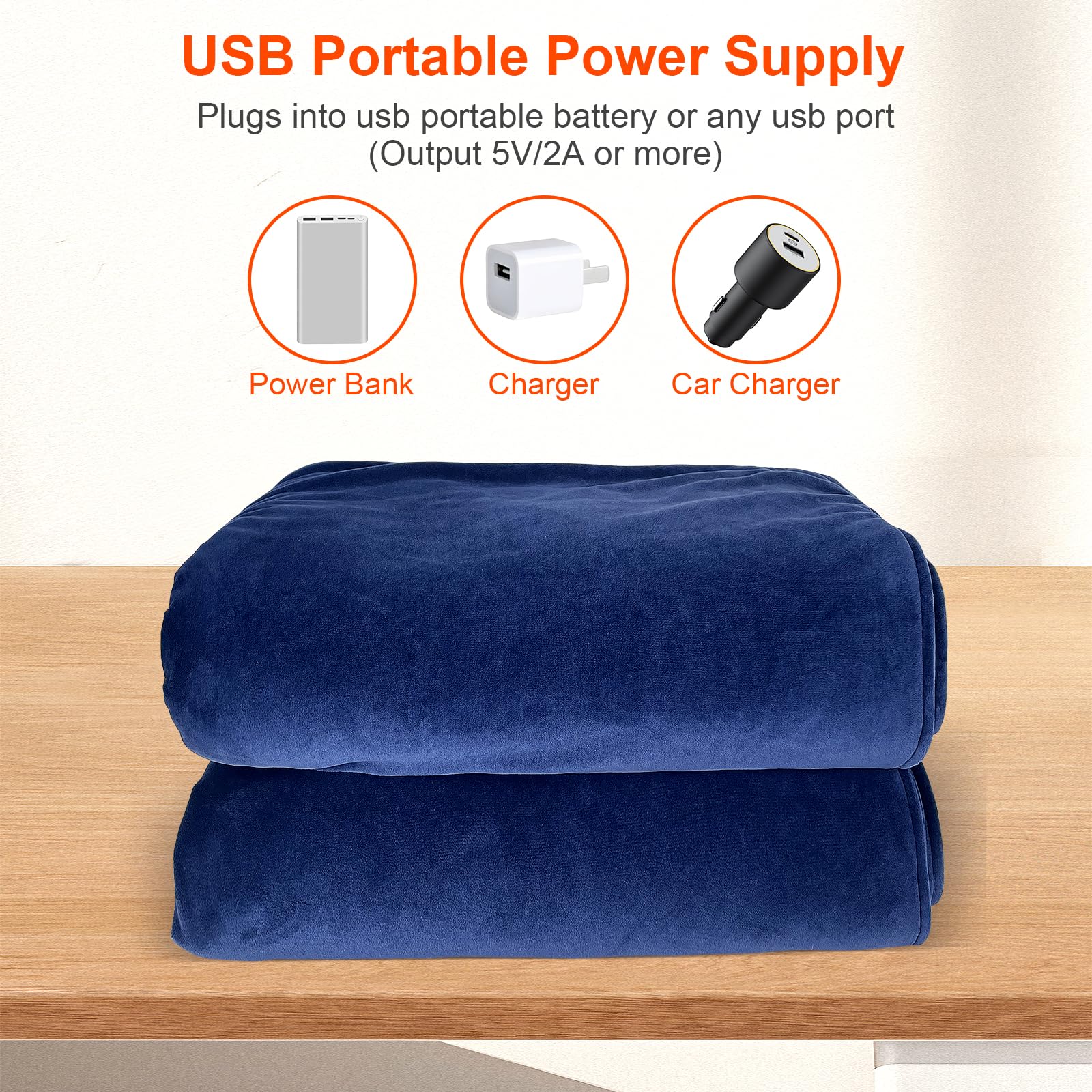Couverture Chauffante USB, 155 x 85cm, Portable Couverture Électrique sans Fil avec Batterie 10 000 Mah,Couvertures Plaid Chauffant avec 3 Niveaux de Chauffage, Lavable en Machine