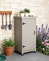 Vista 11 de Banco para macetas al aire libre con parte superior de metal – Gabinete de almacenamiento de jardín impermeable, estación de herramientas de madera