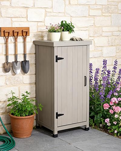 Miniatura 12 de Banco para macetas al aire libre con parte superior de trabajo de metal, gabinete de almacenamiento de jardín impermeable, estación de herramientas