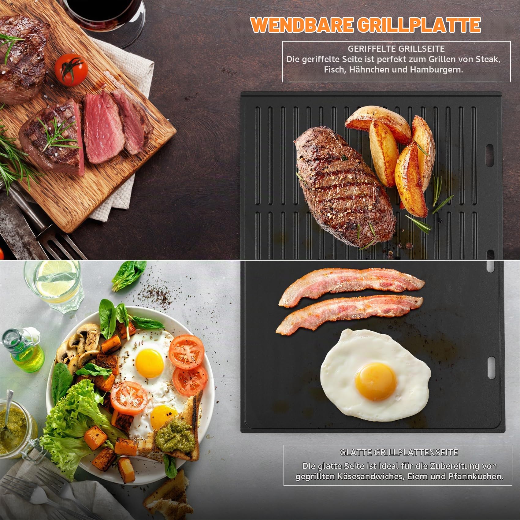 Onlyfire Gusseisen Grillplatte 45,5 x 35cm, Wendeplatte, Universal Grillplatten für Gasgrill, Holzkohlegrill & Elektrogrill, Beidseitig Verwendbar, Rechteck