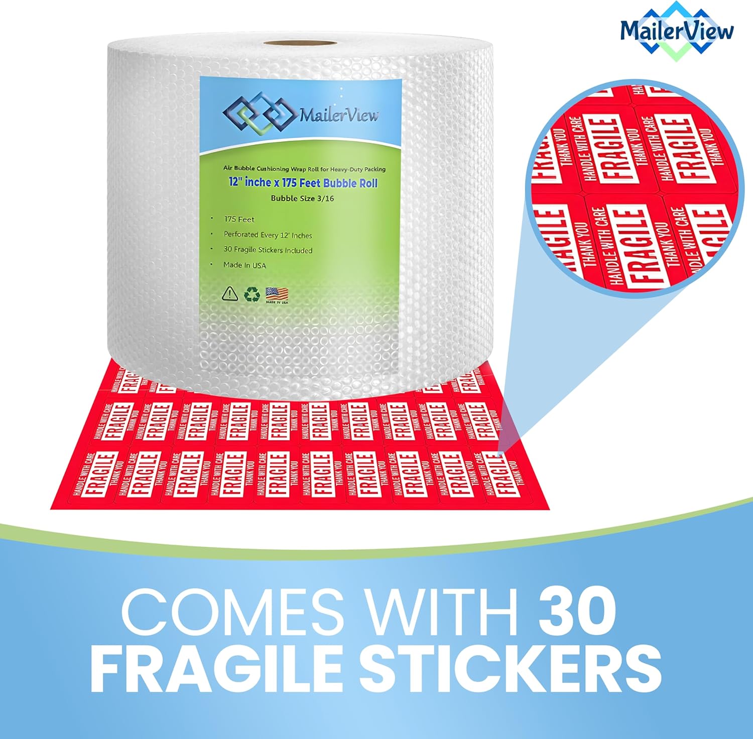 Air Bubble Cushioning Wrap Large Roll for Heavy-Duty Packing, Moving, Shipping, Packaging Boxes & Mailers | 12 Inch x 175 Feet Perforated Every 12" | 30 Fragile Stickers | Small Bubble 3/16 | USA Made