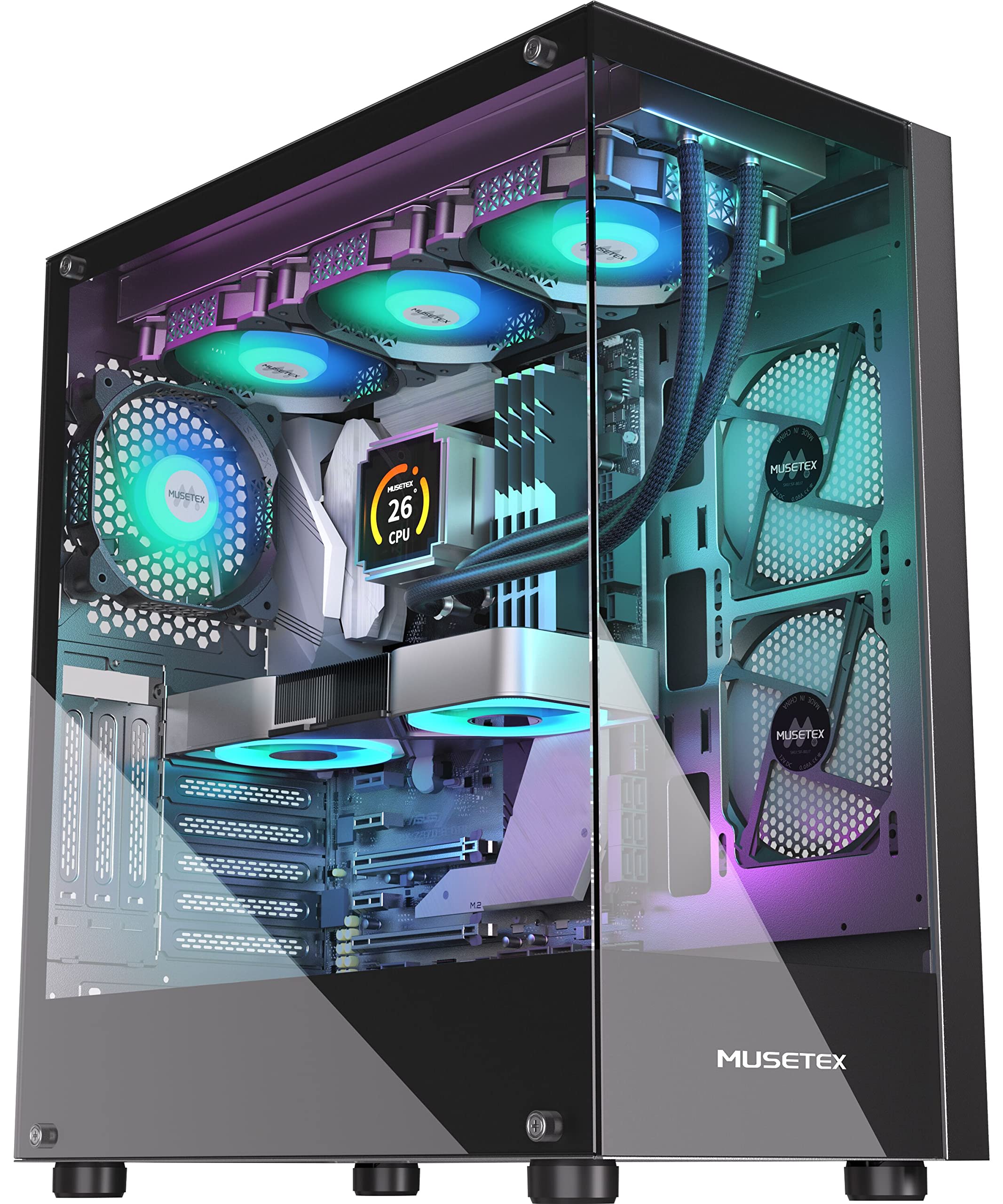 MUSETEX PC CASE ATX Pre-Install 4 PWM ARGB Fans & 2 Side Fans, Type-C Mid Tower Computer Case with Full View Dual Tempered Glass, Gaming PC Case,Black(K2S)