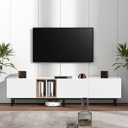Moderno soporte de TV con centro de entretenimiento con 3 puertas, soportes de centro multimedia con armarios grandes y mesa de madera resistente al