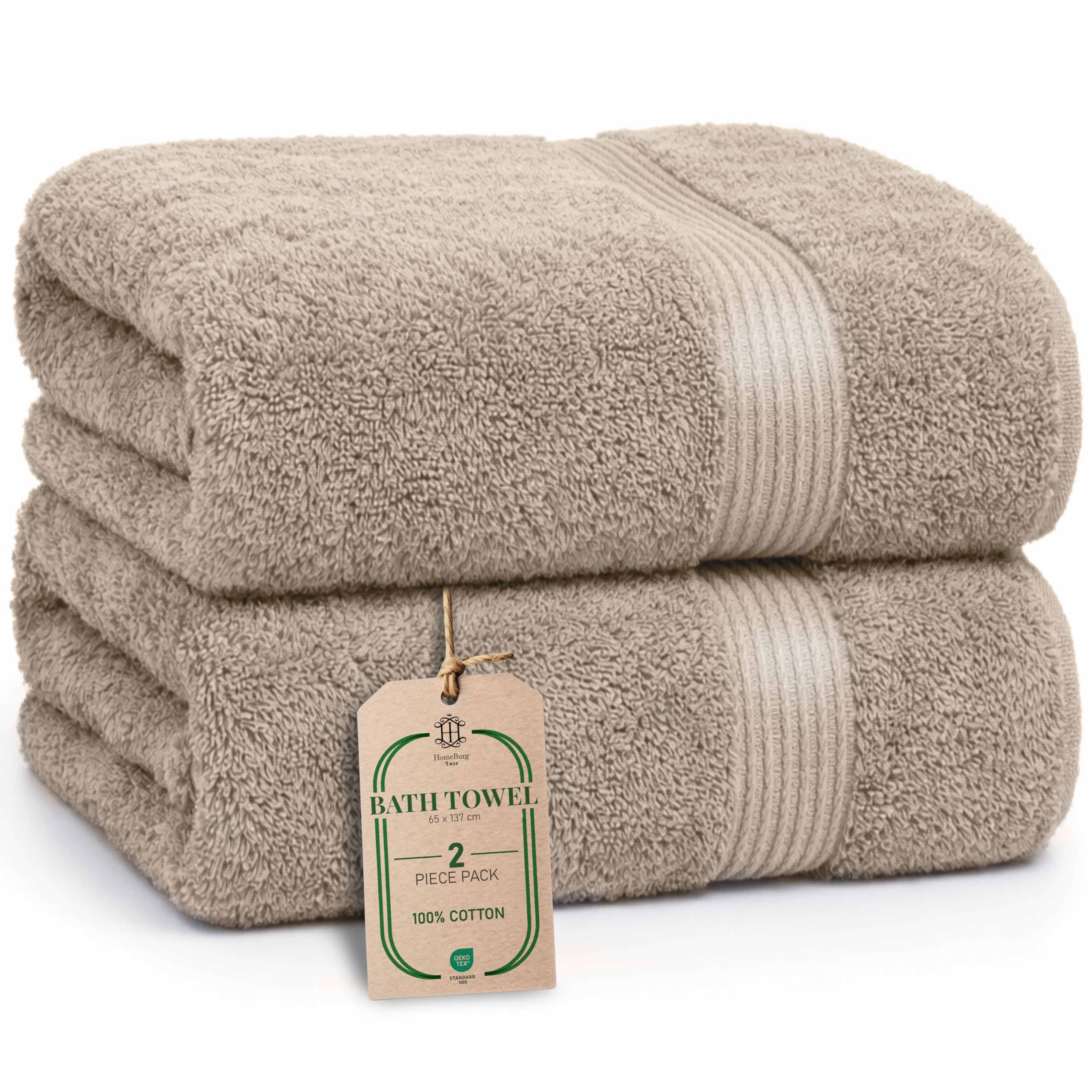 HomeBurg Luxe 2-Piece Bath Towel Set – Large Soft Cotton Towels, Absorbent, Durable & Skin-Friendly, Machine Washable, 65 x 137 cm, Sand/Beige