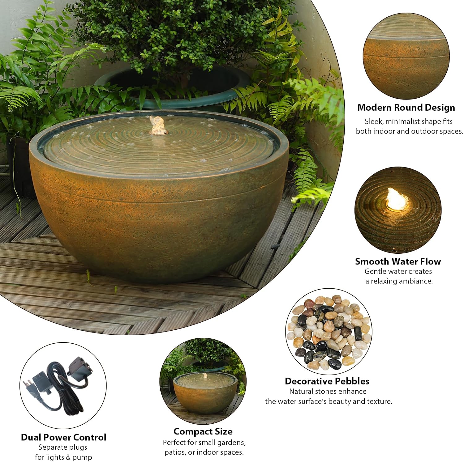 Tankana Garden Water Fountain Outdoor Bubbler Large Water Feature Outdoor Fountains with Pebbles Waterfall Fountains for Patio Deck Yard Home Decor Gold, 23.5 "L X 23.5" W X 13" H