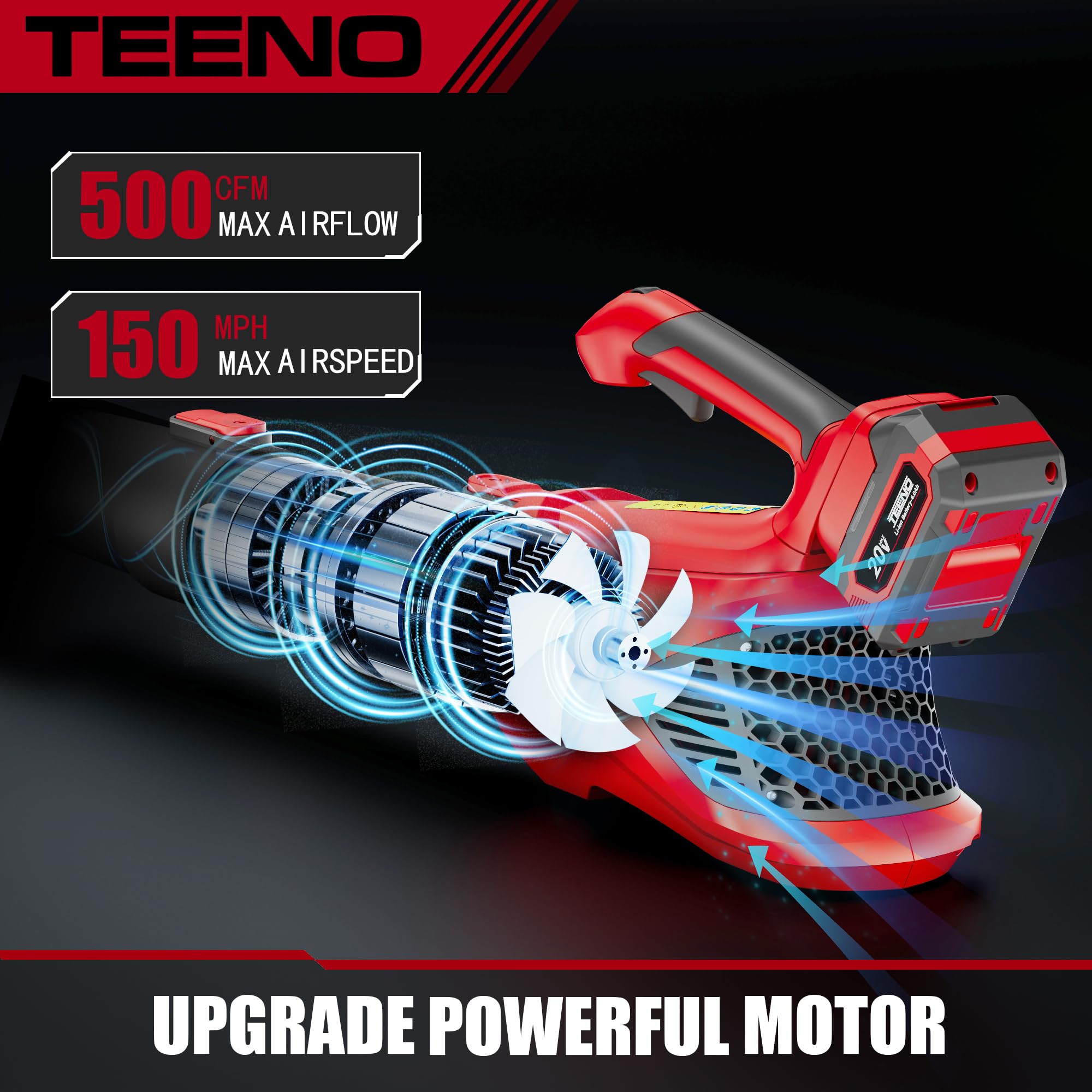 TEENO Souffleur de Feuilles sans Fil 20V, 4,0Ah souffleur à Feuilles avec Batterie, 5 Modes de Vitesse pour l'entretien de la pelouse, 4500W, Le soufflage de la Neige, et Le dépoussiérage