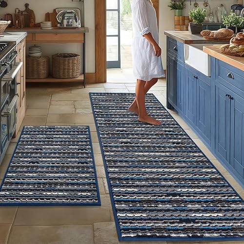 BSICPRO Kitchen Rugs Sets of 2, Non Slip Kitchen Mats for Floor, Navy Blue | 22'x59'+20'x32', Stain Resistant, Washable,