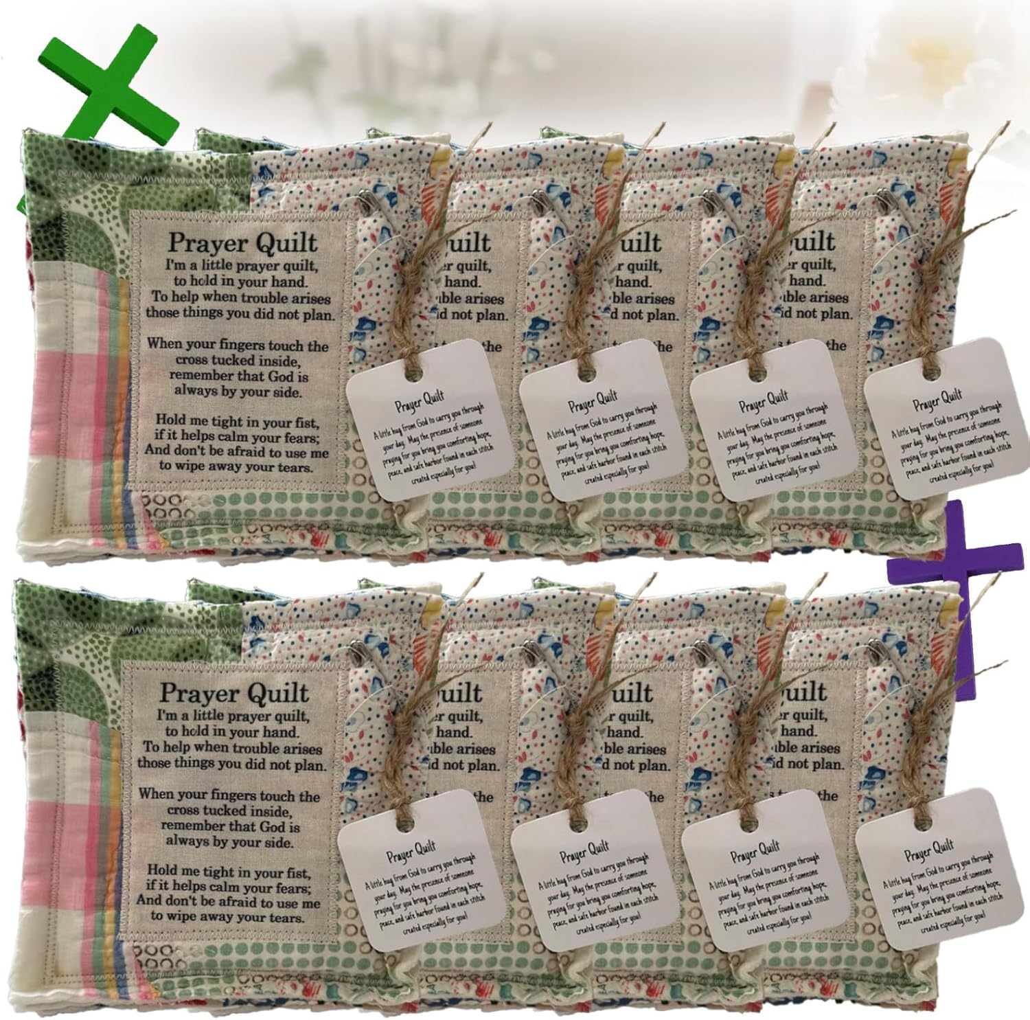 8 Pack Prayer Quilt with Wooden Cross Inside, Mini Vintage Symbolism Poems Scripture Quilts Squares, Overcoming Anxiety Gift Encouragement Gift(8 PCS)