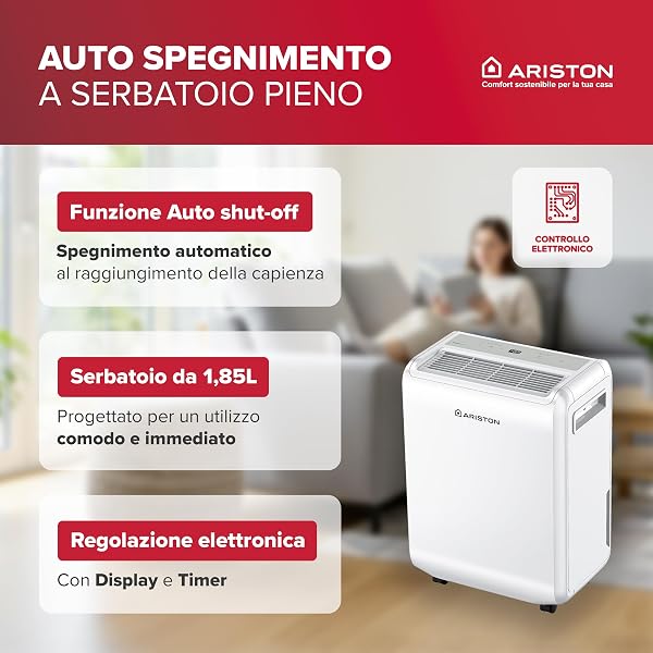 Ariston DEOS 10 EVO - Deumidificatore Casa Muffa Portatile 10L/24h con Ruote, Bagno e Ambienti Fino 30㎡, Piccolo Assorbi Umidità 32x41,4x20,5-3 Velocità d'Aria e Filtro Antipolvere, Consumo Max 210w - 5