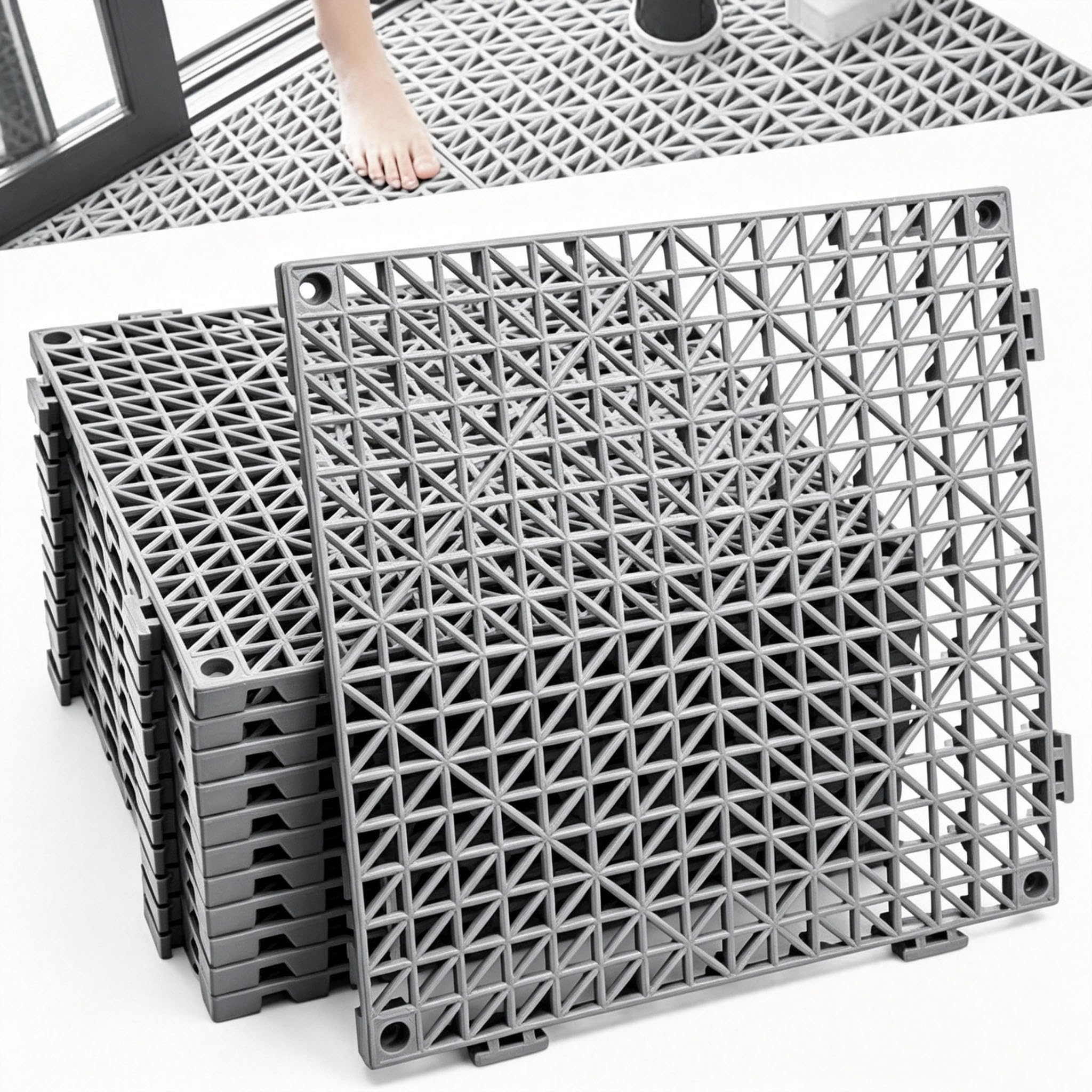 12 Pcs Drainage Mat Modular Interlocking Cushion 11.8" x 11.8" Garage Floor Tiles Non-Slip Splicing Rubber Floor Tiles for Drain, Deck, Pool, Outdoor/Indoor (Grey)